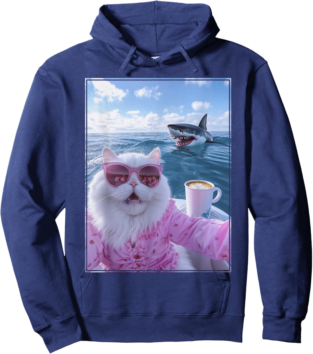 Meme Cat on Yacht Boat with Shark Behind Hoodie - Hoodie | Navy