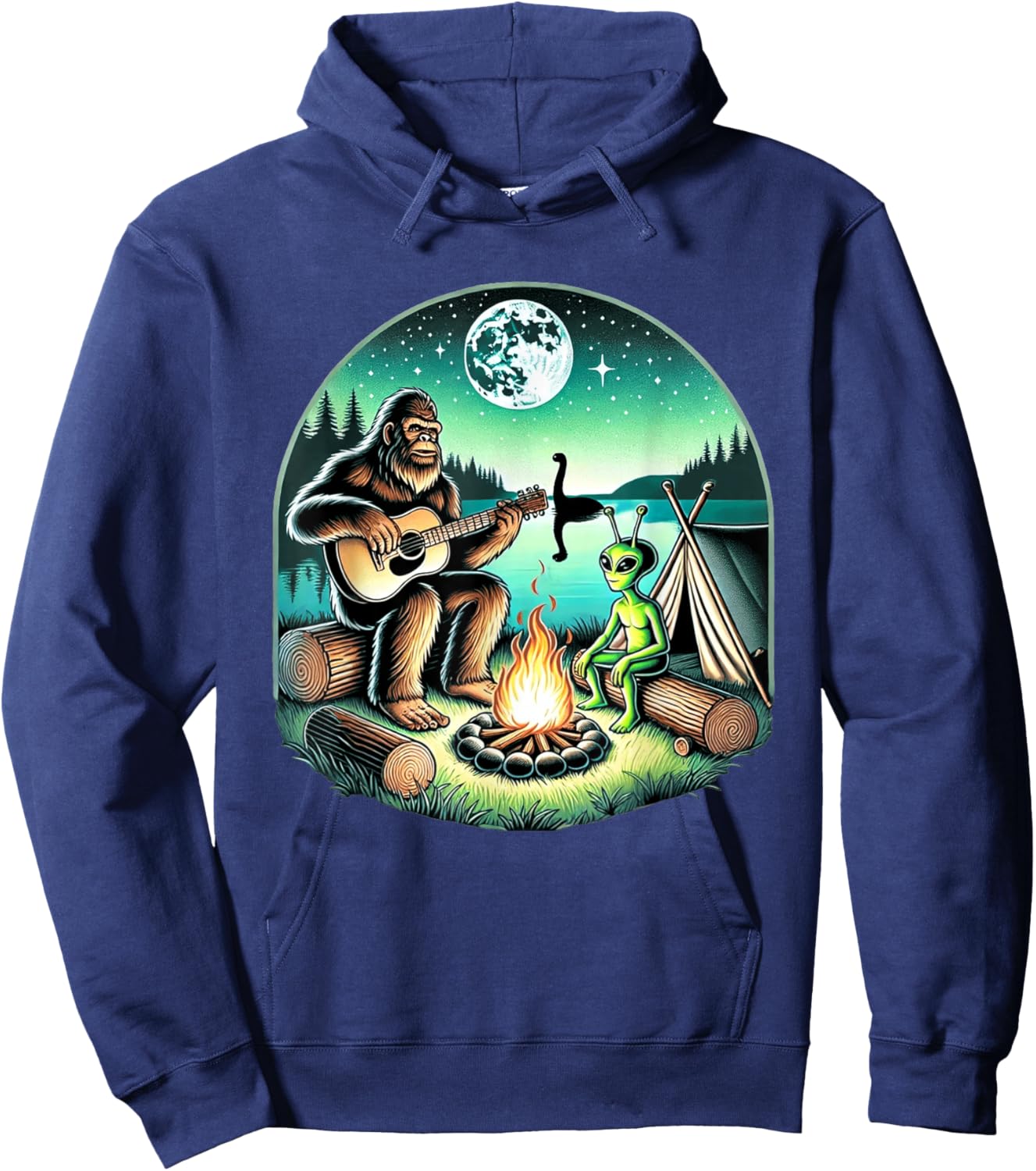 Alien and Bigfoot Loch Ness Campfire Sasquatch Hoodie - Hoodie | Navy