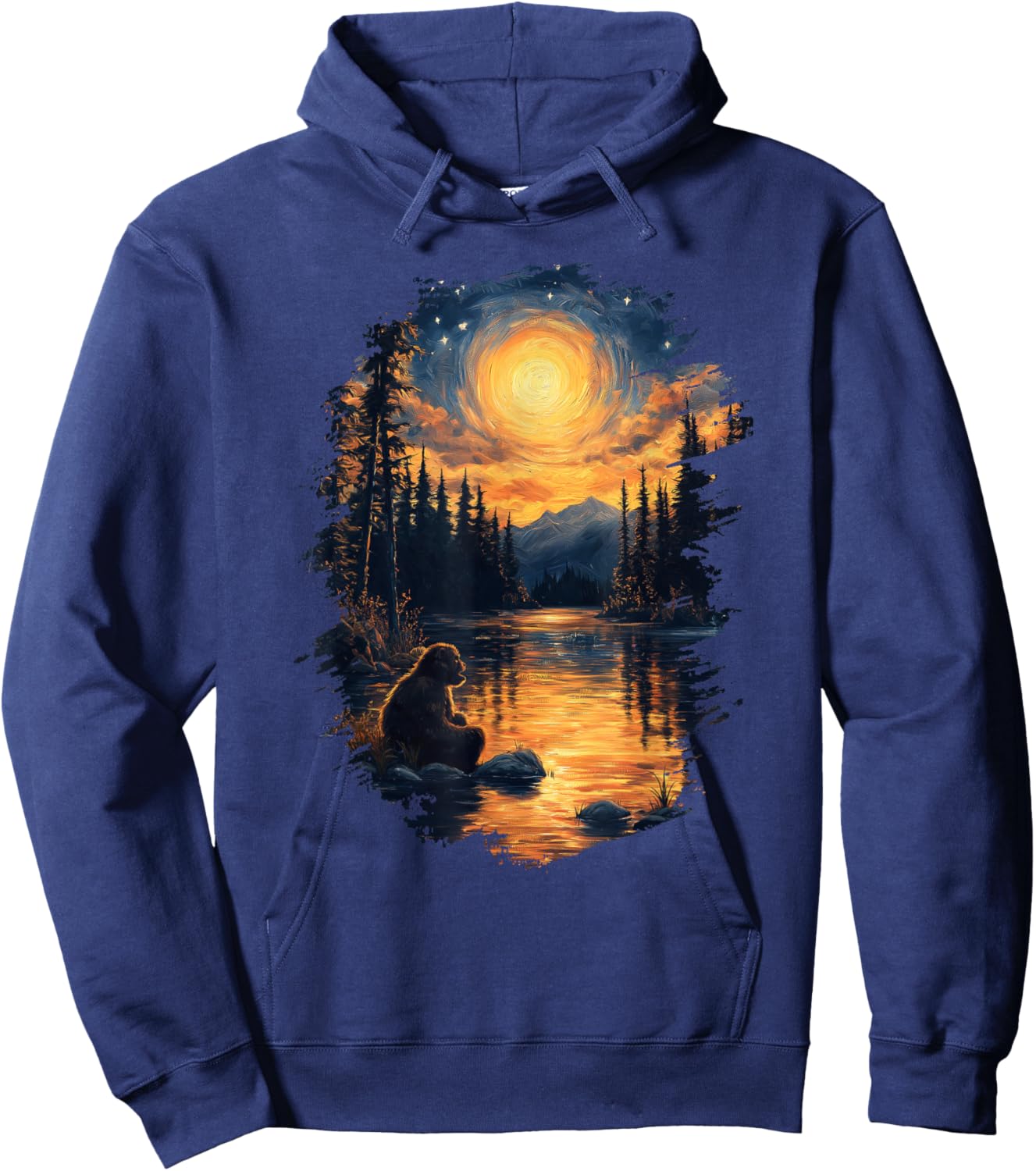 Bigfoot Starry Night Forest Sasquatch Van Gogh Art Hoodie - Hoodie | Navy