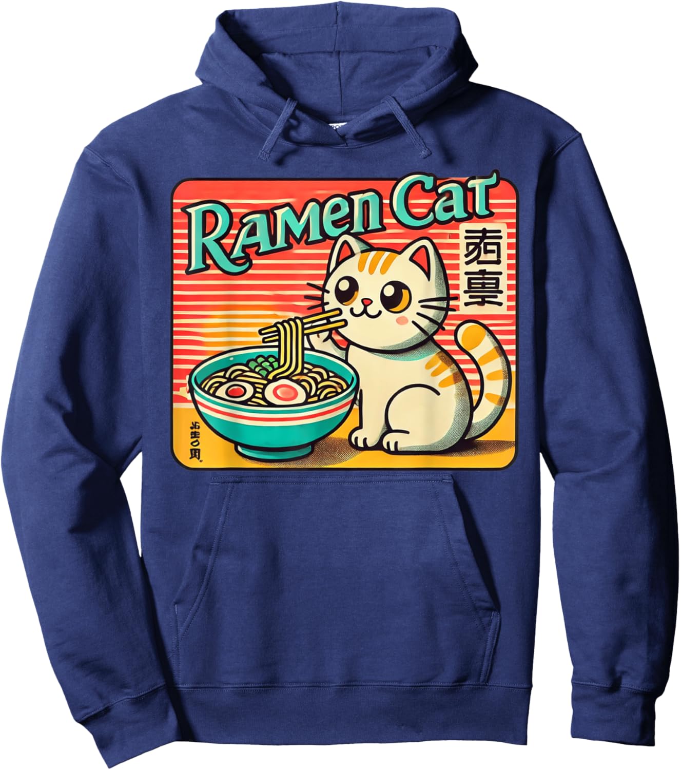 Retro Japanese Art Wildlife Noodle Lover Cute Ramen Cat Hoodie - Hoodie | Navy