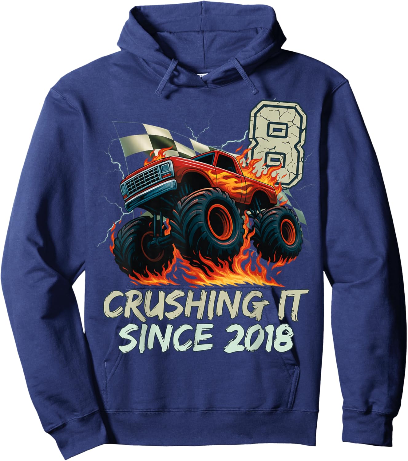 Birthday Monster Truck 8 Year Old Boys 8th Party Born 2018 Hoodie - Hoodie | Navy