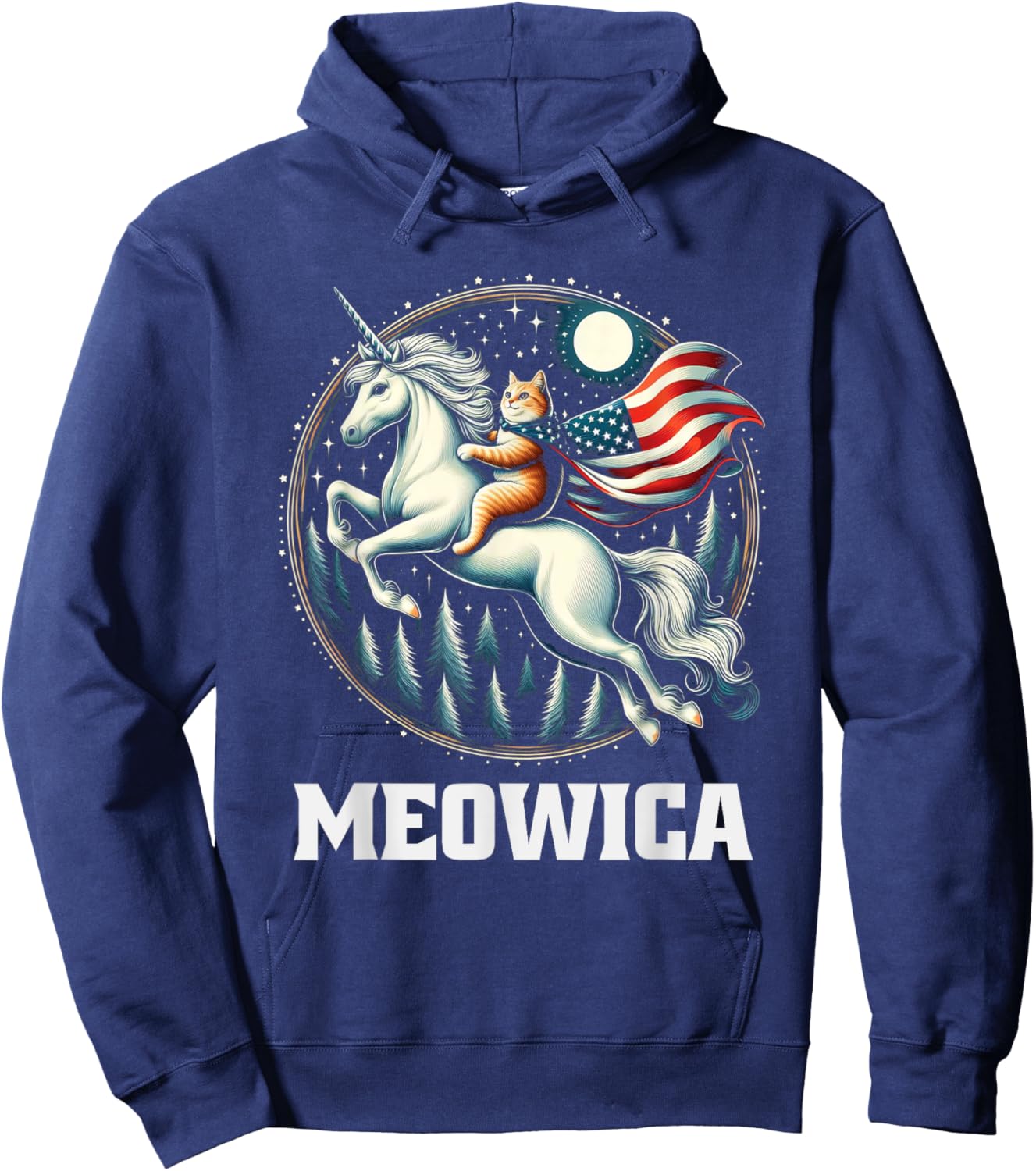 Meowica Cat Riding Unicorn USA Flag 4th Of July Patriotic Hoodie - Hoodie | Navy