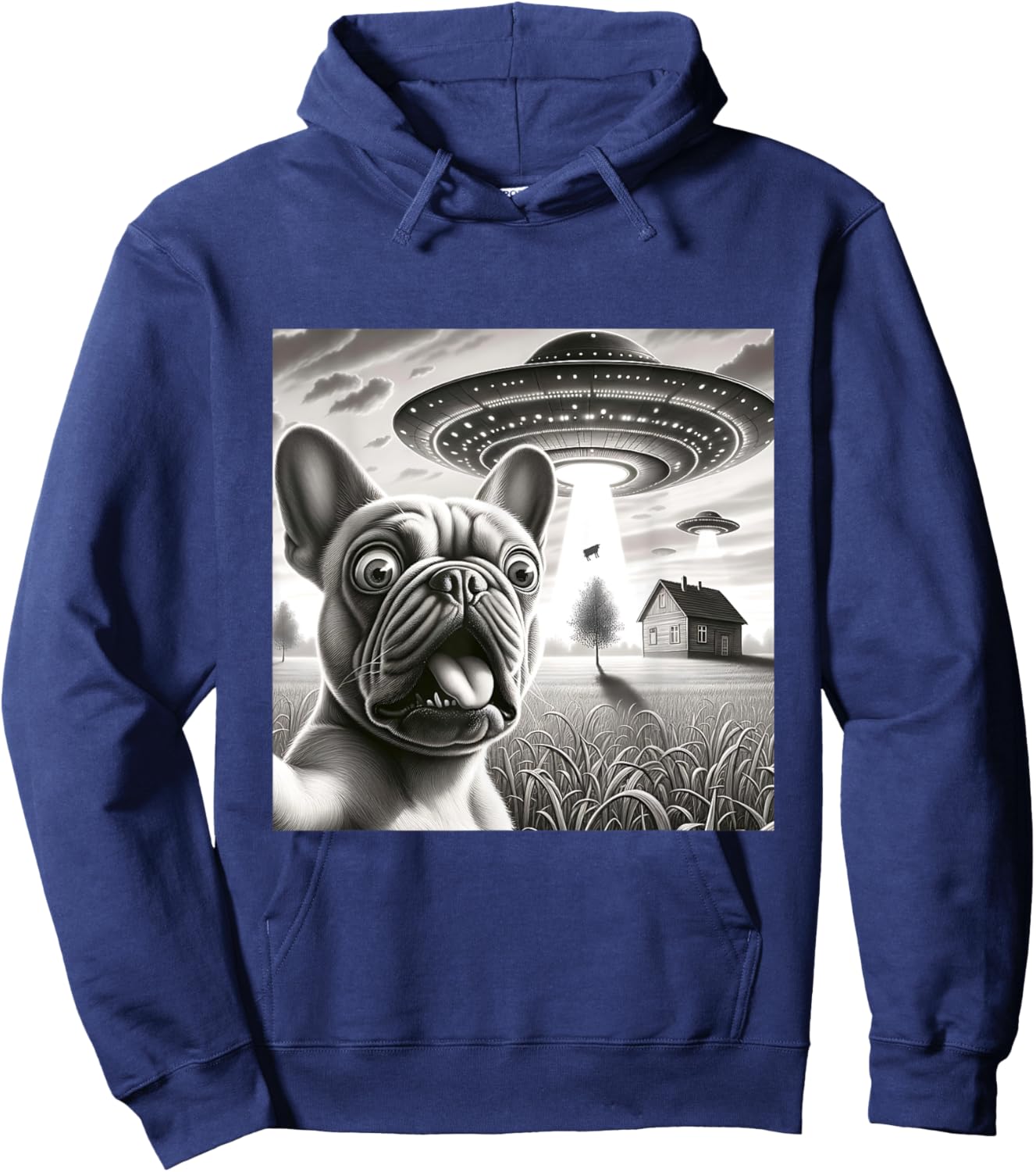 French Bulldog Selfie With Alien UFO Funny Frenchie Pup Hoodie - Hoodie | Navy