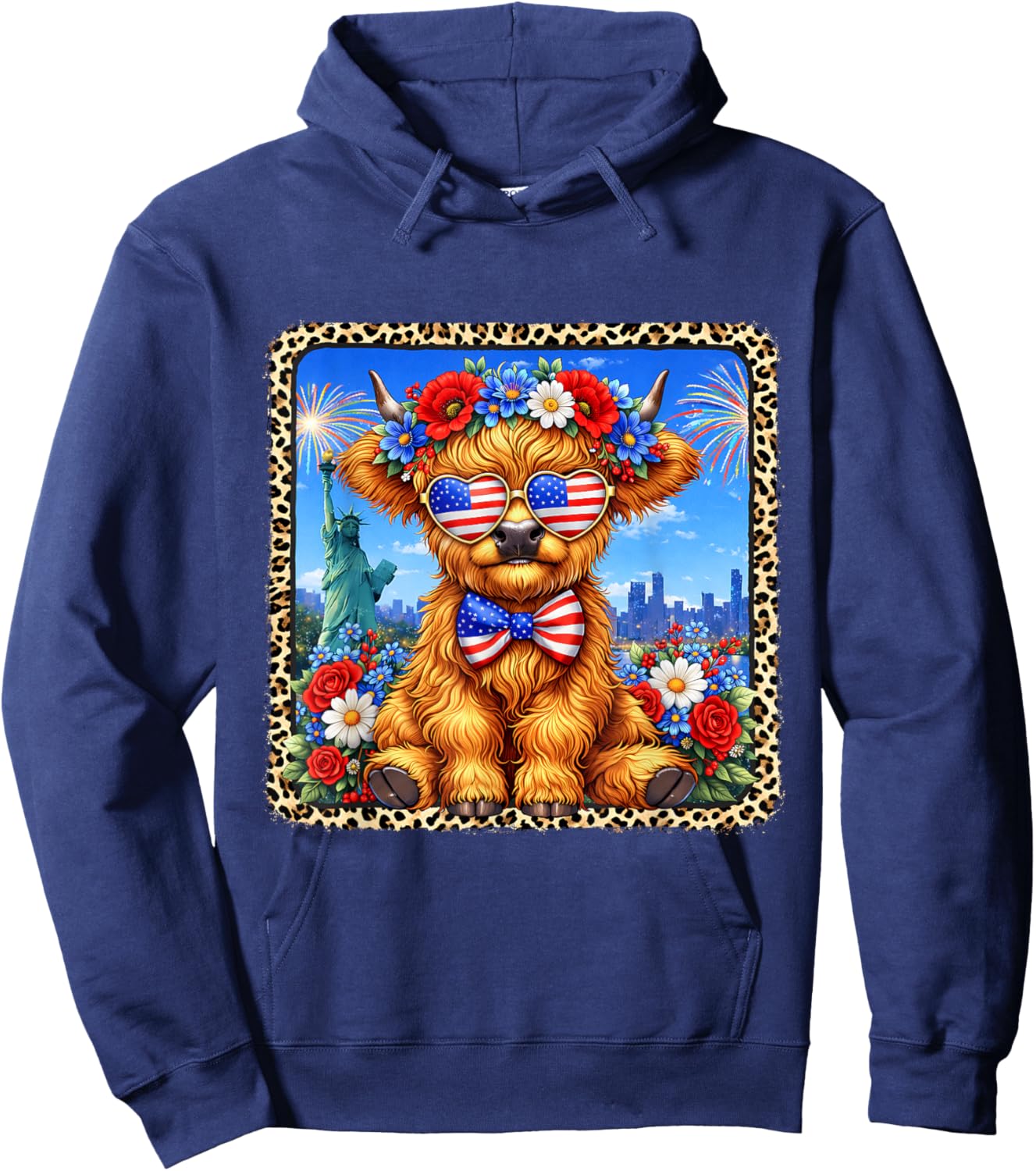 4th of July Cow Patriotic Heart Glasses USA Floral Leopard Hoodie - Hoodie | Navy