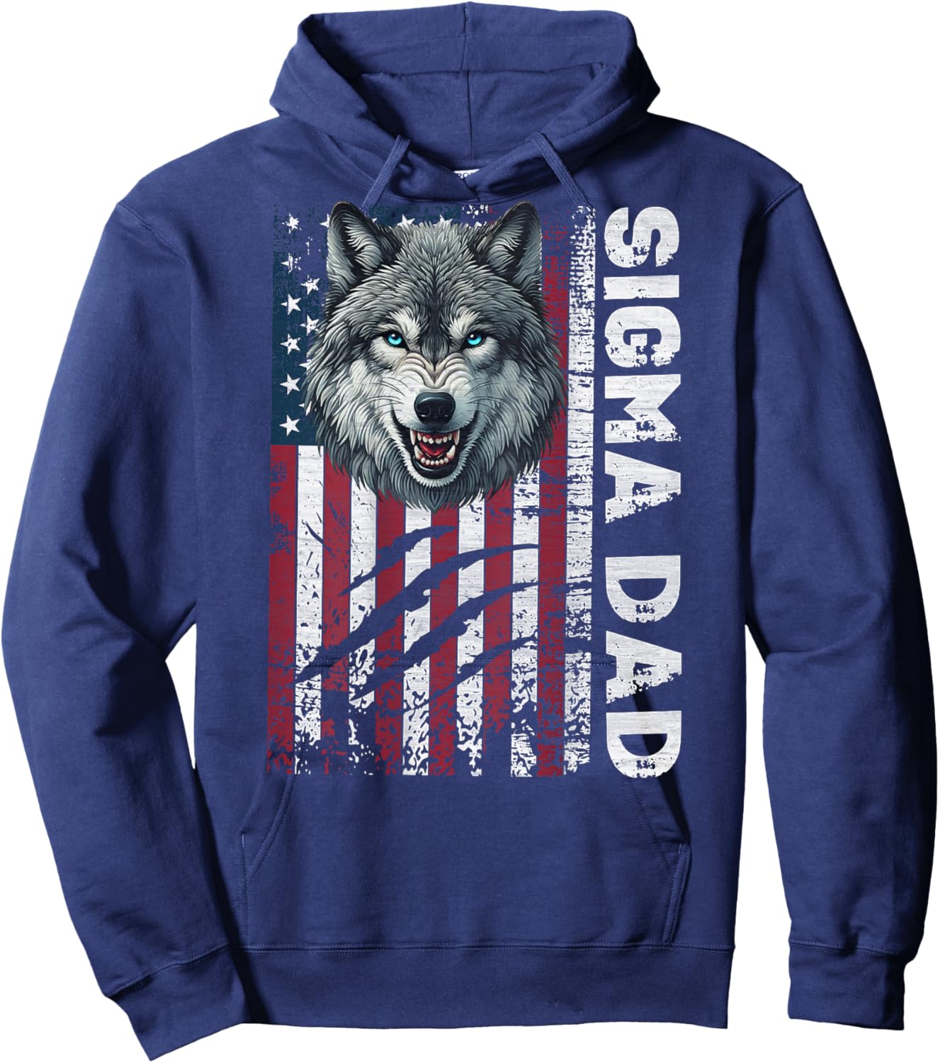 Sigma Dad Wolf Patriotic American Flag Sigma Male Meme Hoodie - Hoodie | Navy