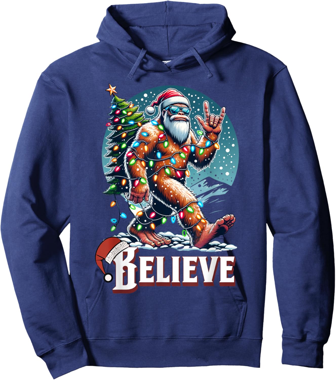 Santa Bigfoot Christmas Lights Funny Sasquatch Believe Xmas Hoodie - Hoodie | Navy