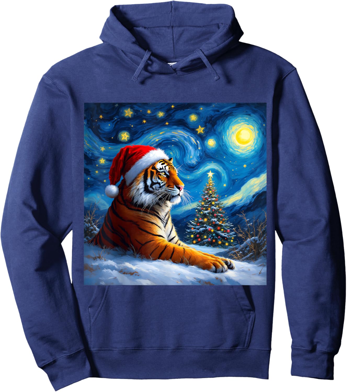 Christmas Tiger Santa Hat Van Gogh Starry Night Holiday Hoodie - Hoodie | Navy