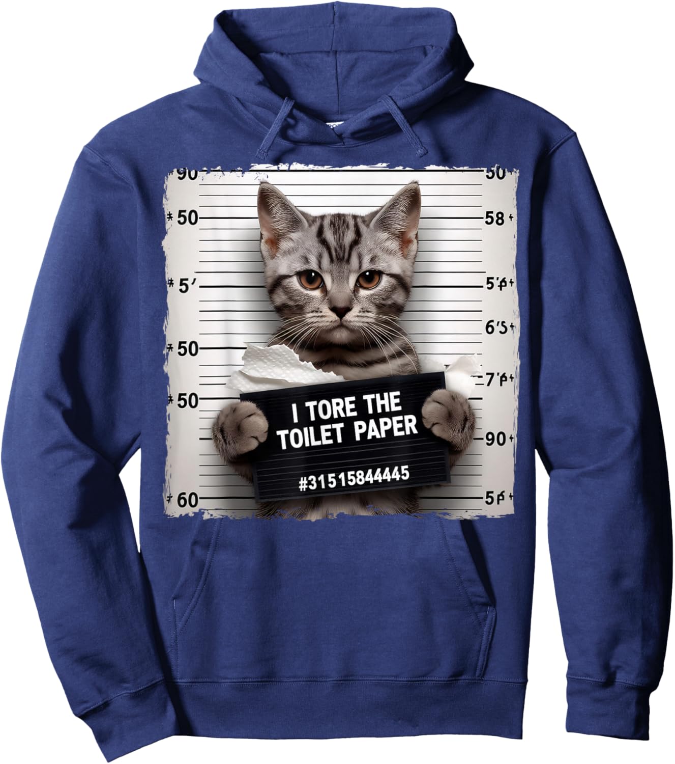 Funny Grey Cat Mugshot I Tore The Toilet Paper Humor Hoodie - Hoodie | Navy