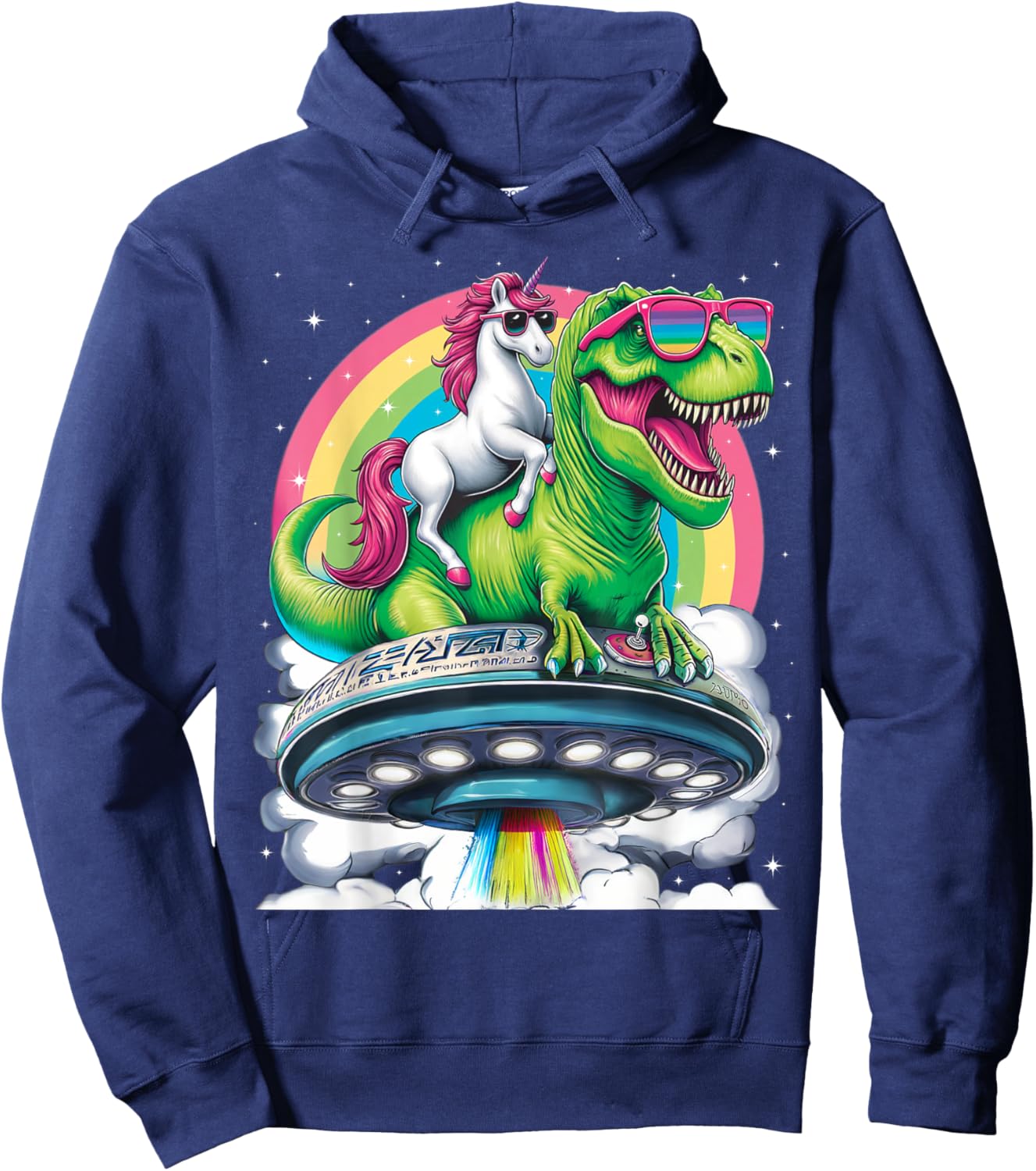 Unicorn Riding T Rex UFO Dinosaur Boy Girl Men Women Rainbow Hoodie - Hoodie | Navy