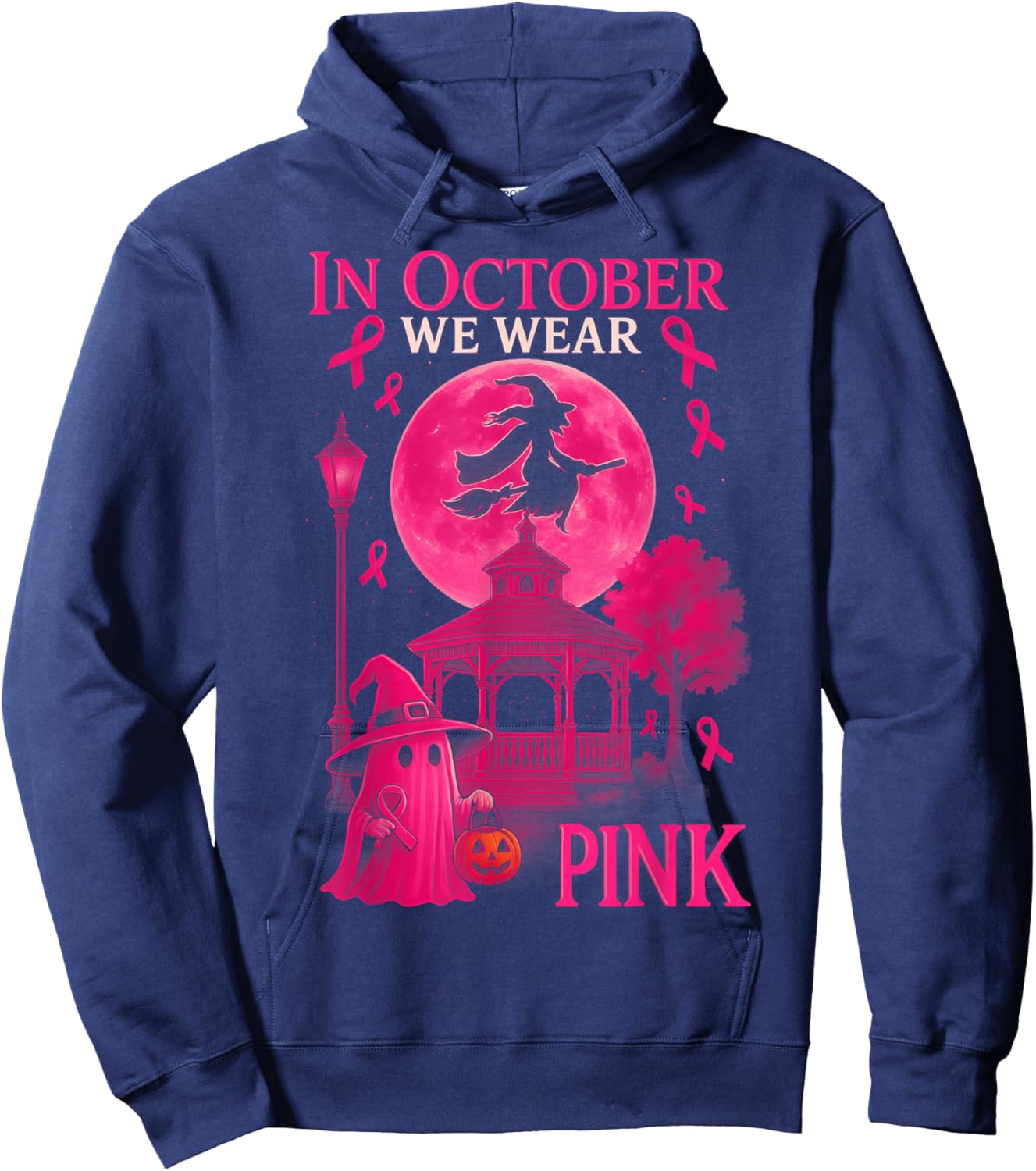 HUGvyn in October We Wear Pink Witch Halloween Breast Cancer Hoodie - Hoodie | Navy