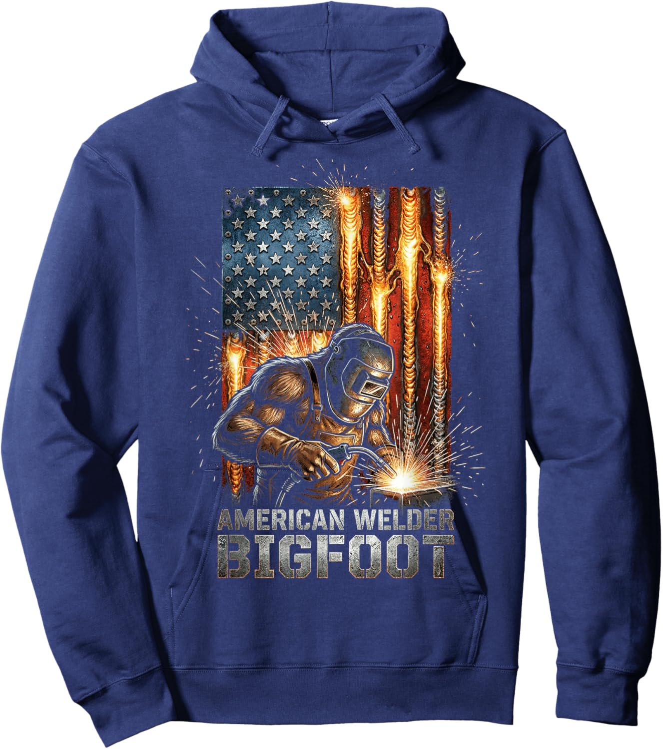 American Welder Bigfoot Sasquatch US Flag Welding Beads Hoodie - Hoodie | Navy