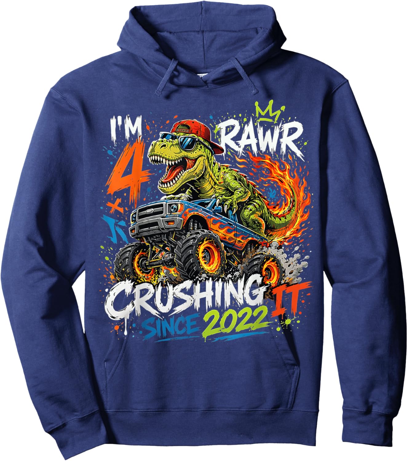 Kids 4th Birthday Monster Truck Dinosaur 4 Year Old boy Born Hoodie - Hoodie | Navy
