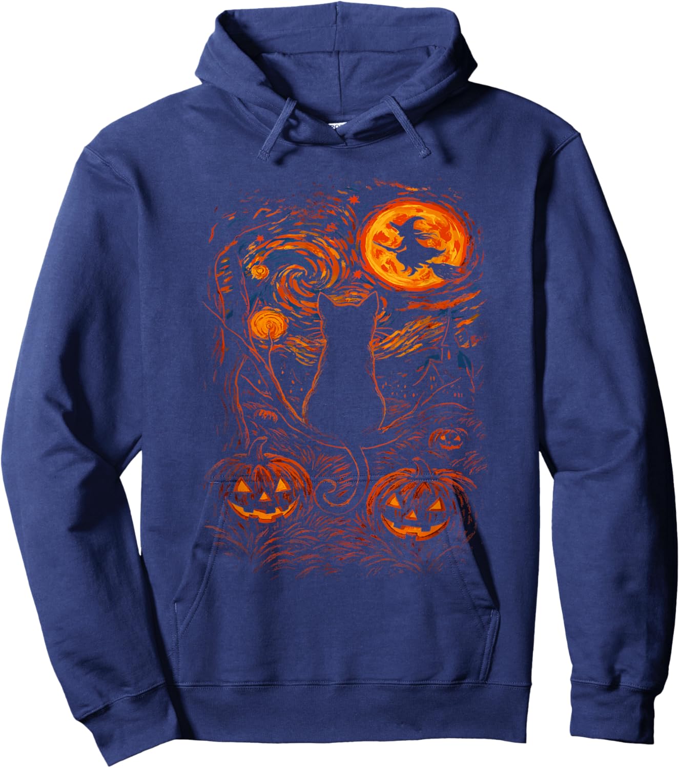 Halloween Black Cat Starry Night Witch Pumpkin Moon Hoodie - Hoodie | Navy