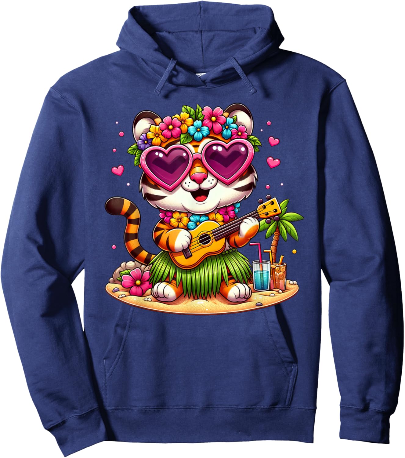 Funny Tiger Hawaiian Costume Kids Summer Vacation Tiger Hoodie - Hoodie | Navy