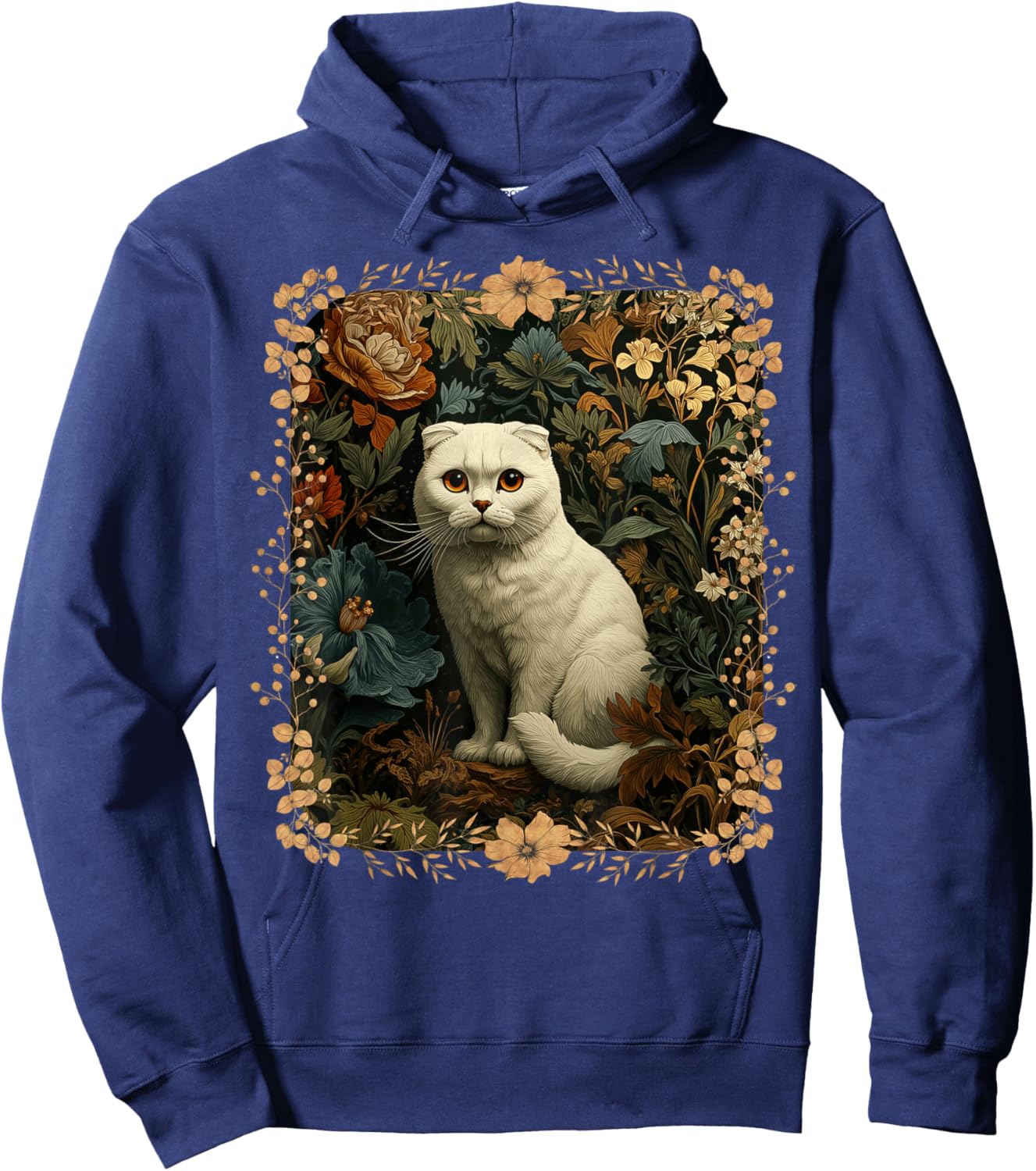 Scottish Fold White Cat in a Vintage Cottage Garden Hoodie - Hoodie | Navy