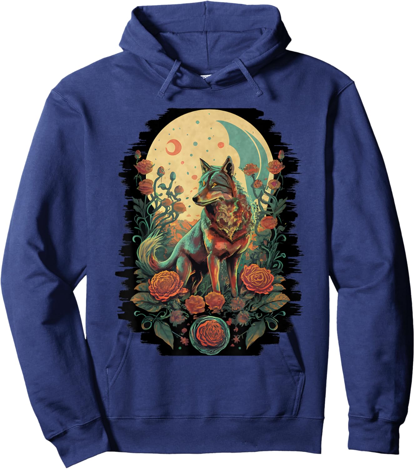 Botanical Wolf Women Roses Full Moon Children Floral Wolf Hoodie - Hoodie | Navy