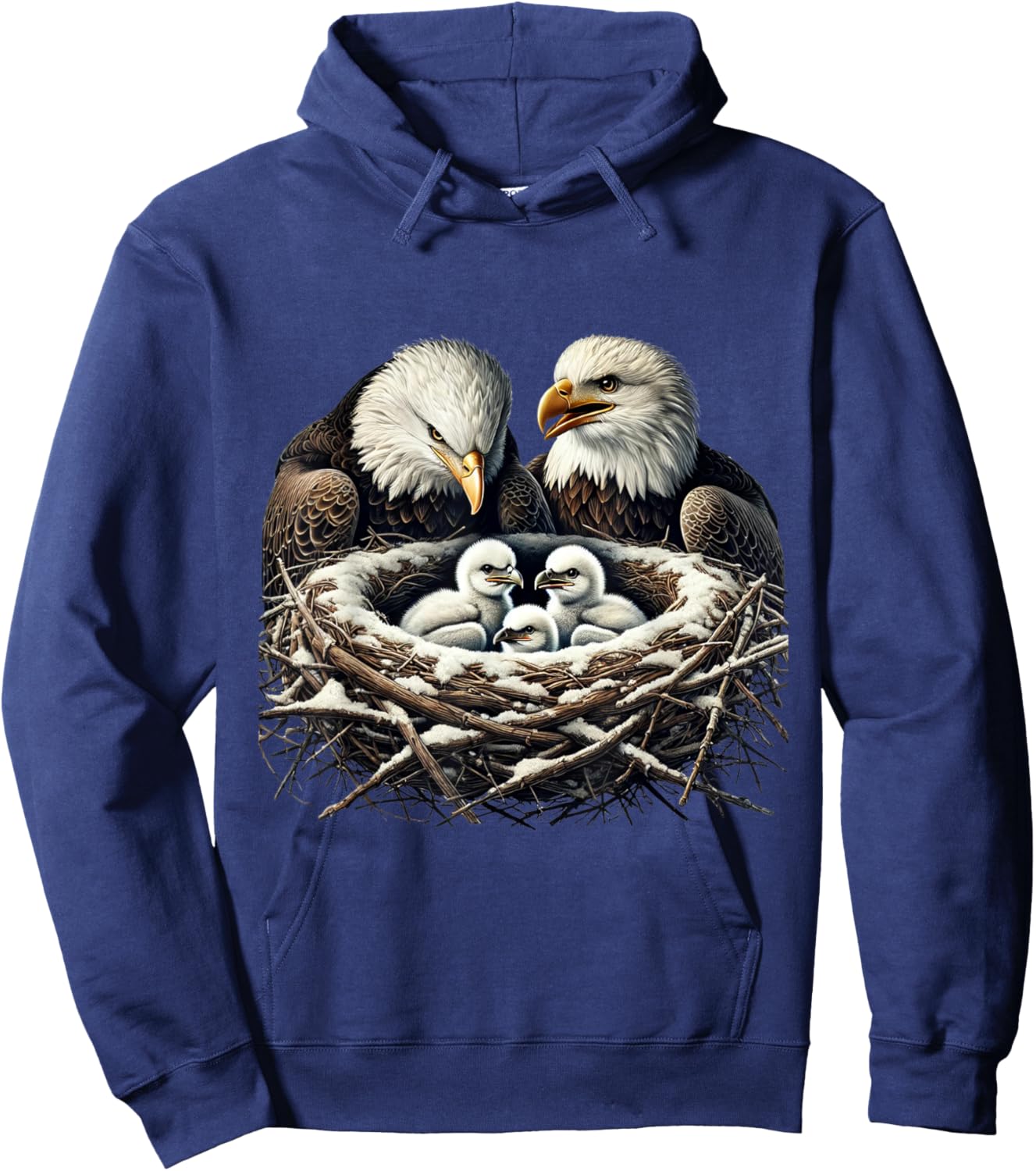 Bald Eagle Mom Dad Three Eaglet Chicks Babies in Nest Hoodie - Hoodie | Navy