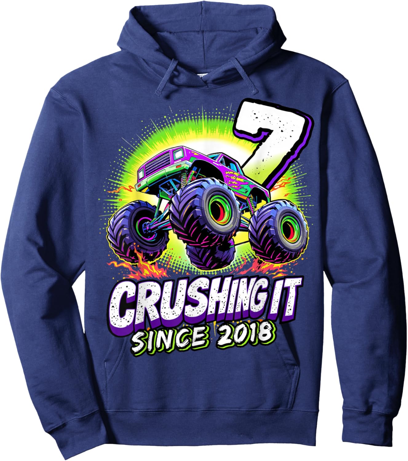 Birthday Monster Truck 7 year Old Boys 7th Party Born 2018 Hoodie - Hoodie | Navy