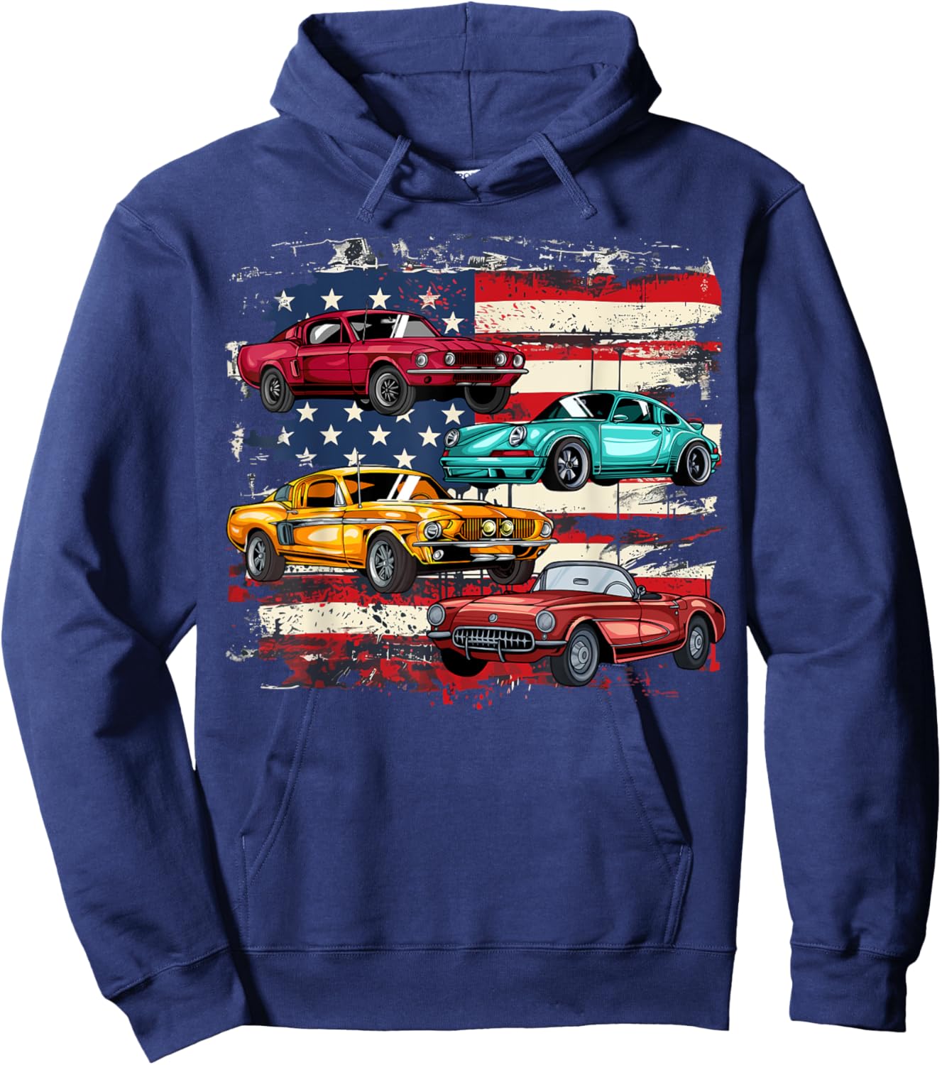 Classic Muscle Car Retro American Flag Patriotic Vintage Girls Kids Men Hoodie - Hoodie | Navy