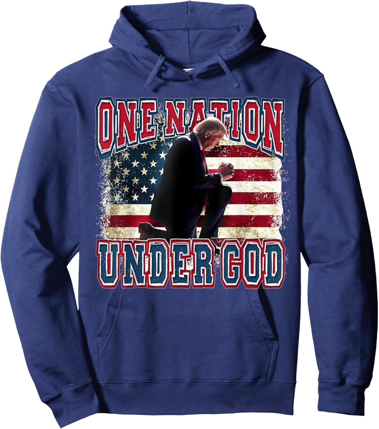 One Nation Under God Trump Pray Jesus USA Flag Distressed Hoodie - Hoodie | Navy