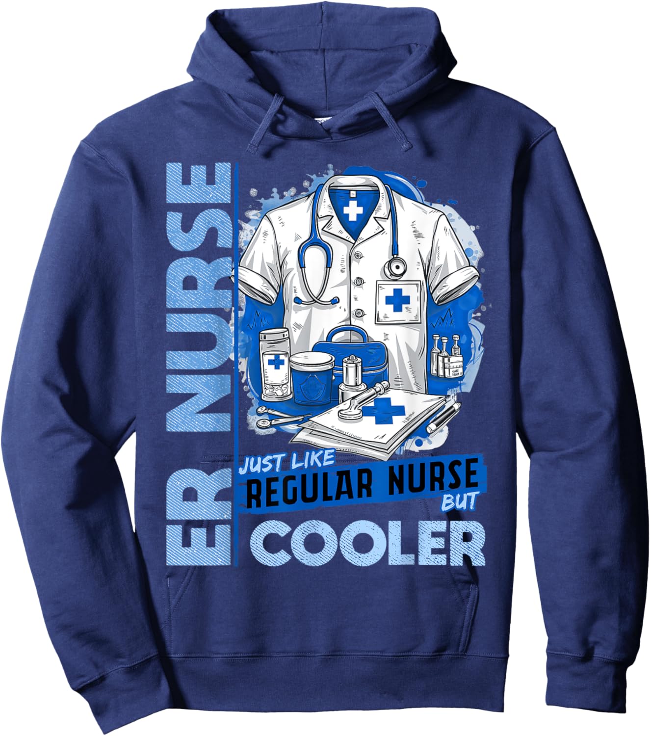 Cool ER Nurse Apparel Healthcare Professionals ER Nurse Black Small Modern Classic U-Neck Short Sleeve Humorous ER Nurse Design Hoodie - Hoodie | Navy