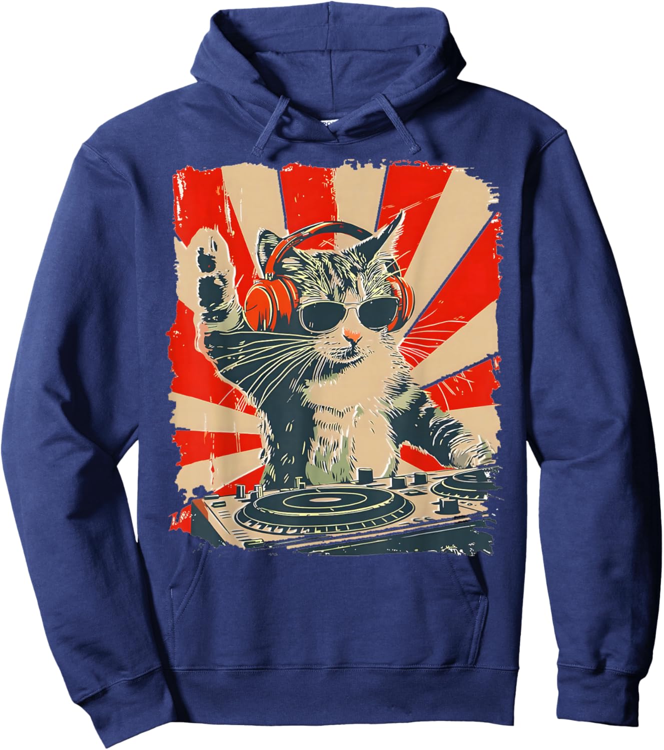 Funny DJ Cat with Headphones Retro Music Lover Art Hoodie - Hoodie | Navy