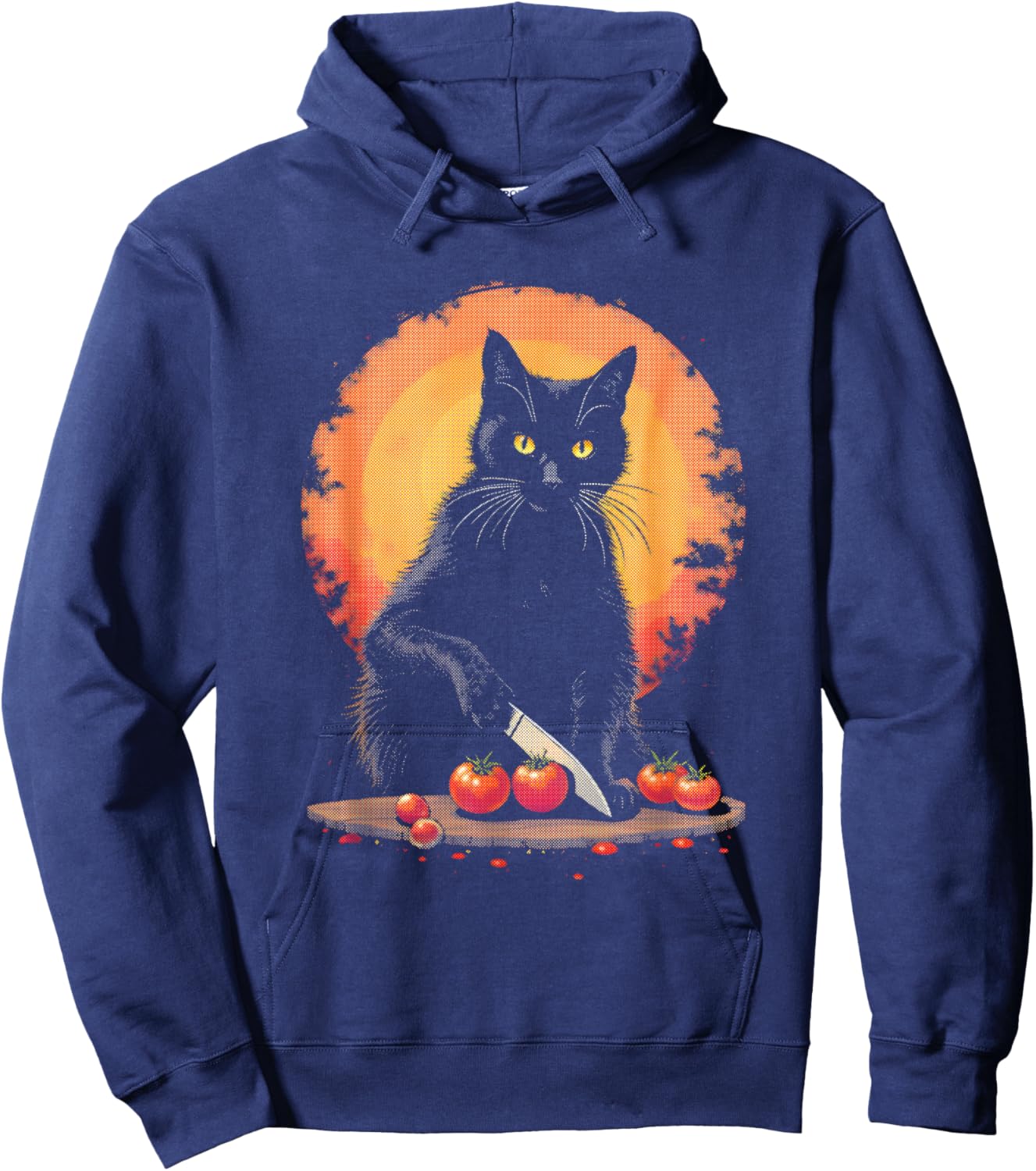 Black Cat Cutting Tomatoes - Funny Chef Cat Lover Hoodie - Hoodie | Navy