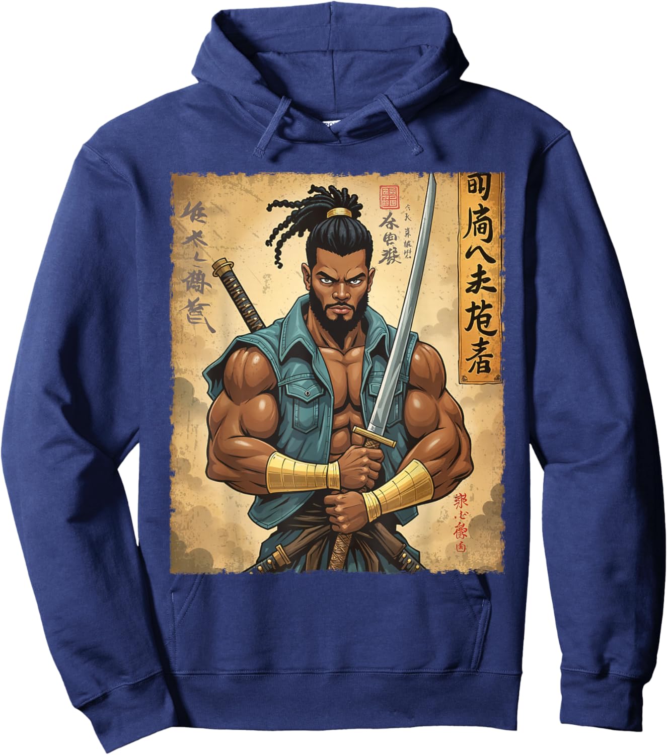 Strong Afro Warrior Samurai African in Anime with Katana Hoodie - Hoodie | Navy