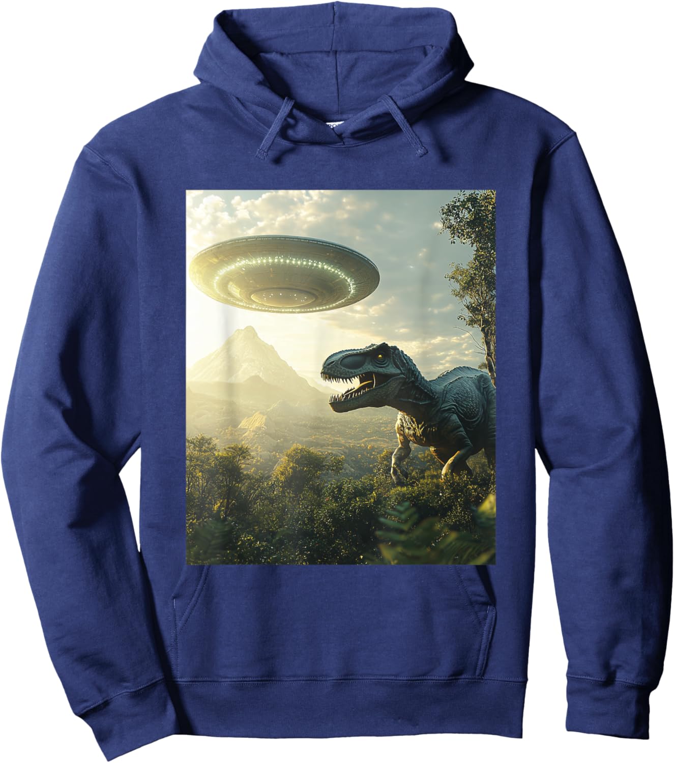 Trex Dinosaur Dino Selfie with UFOs Aliens Funny Graphic Hoodie - Hoodie | Navy