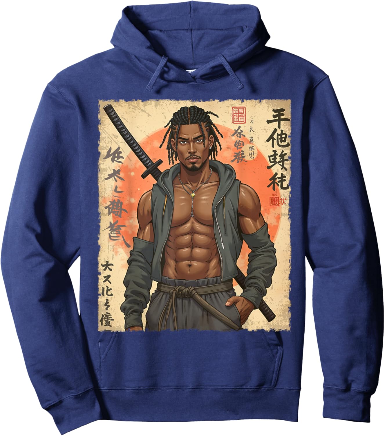 Afro Warrior Samurai Modern African in Anime with Katana Hoodie - Hoodie | Navy