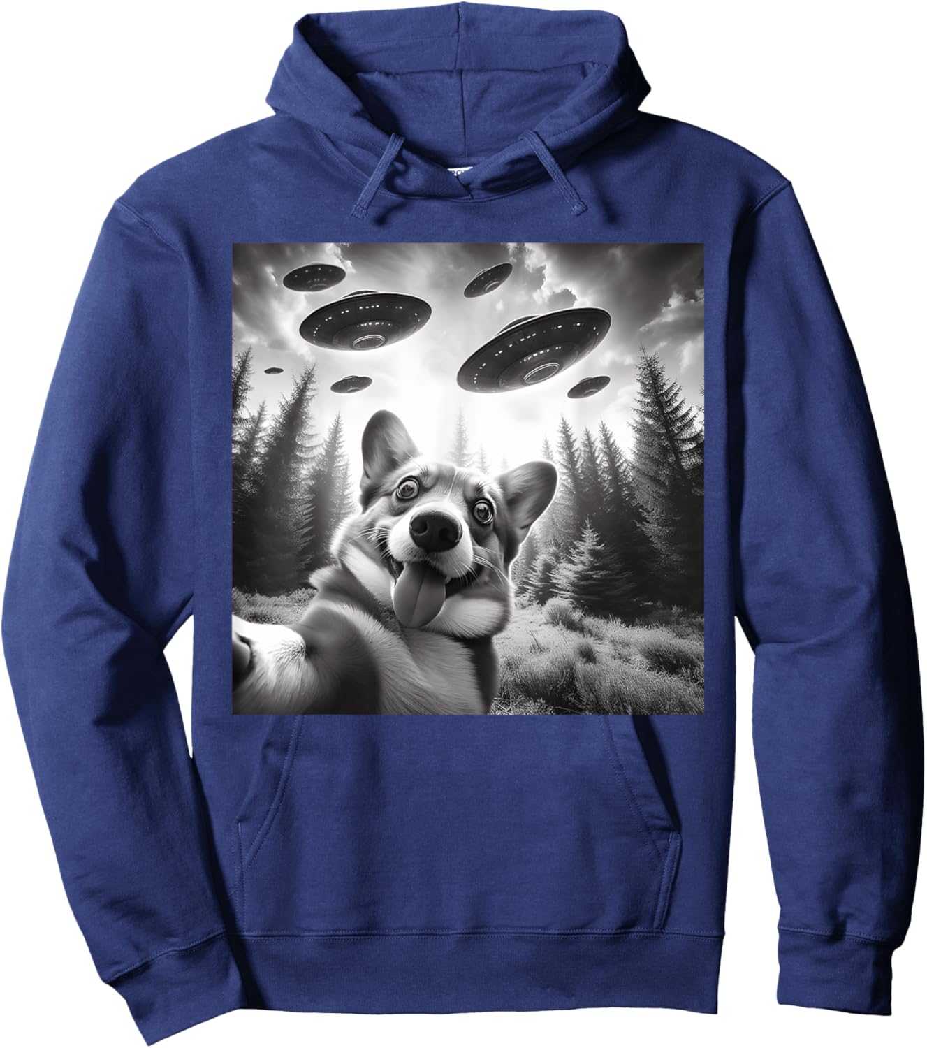 Corgi Dog Taking Selfie with UFOs Outer Space Alien Geeks Men Women Kids Hoodie - Hoodie | Navy