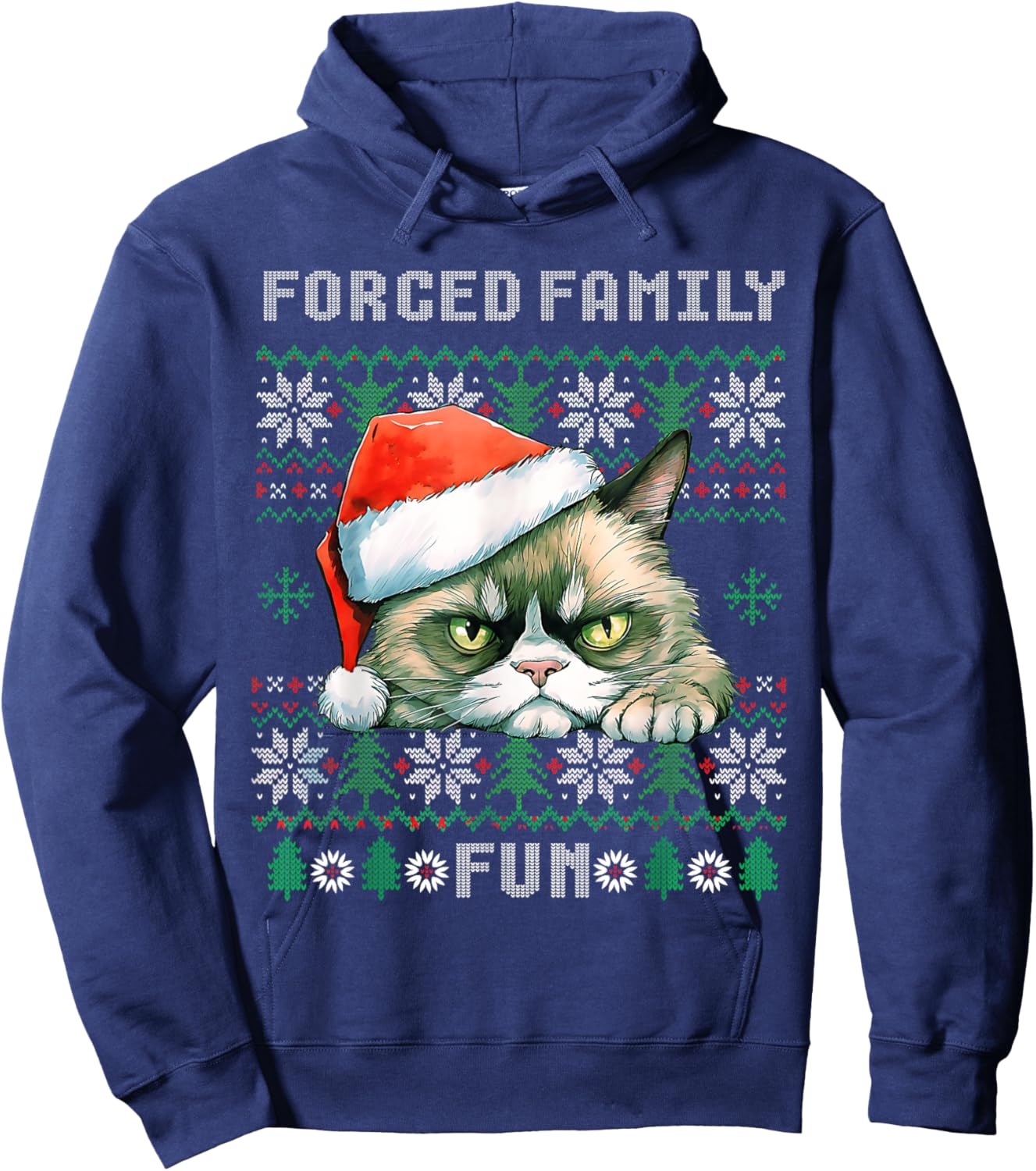 Forced Family Xmas Fun Funny Cat Lover Men Women Christmas Hoodie - Hoodie | Navy
