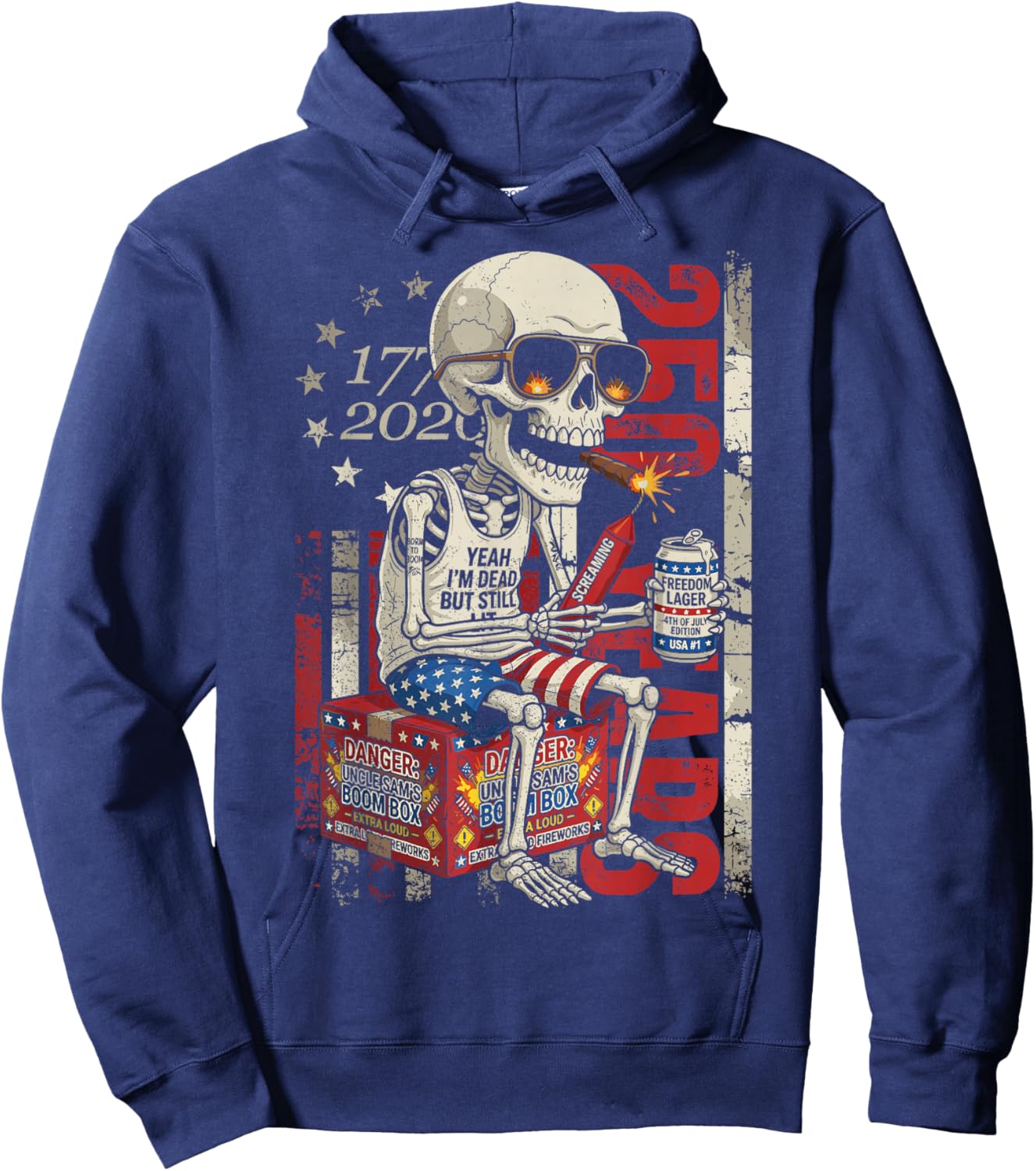 250 Years Funny Skeleton Fireworks American Flag 4th of July Hoodie - Hoodie | Navy