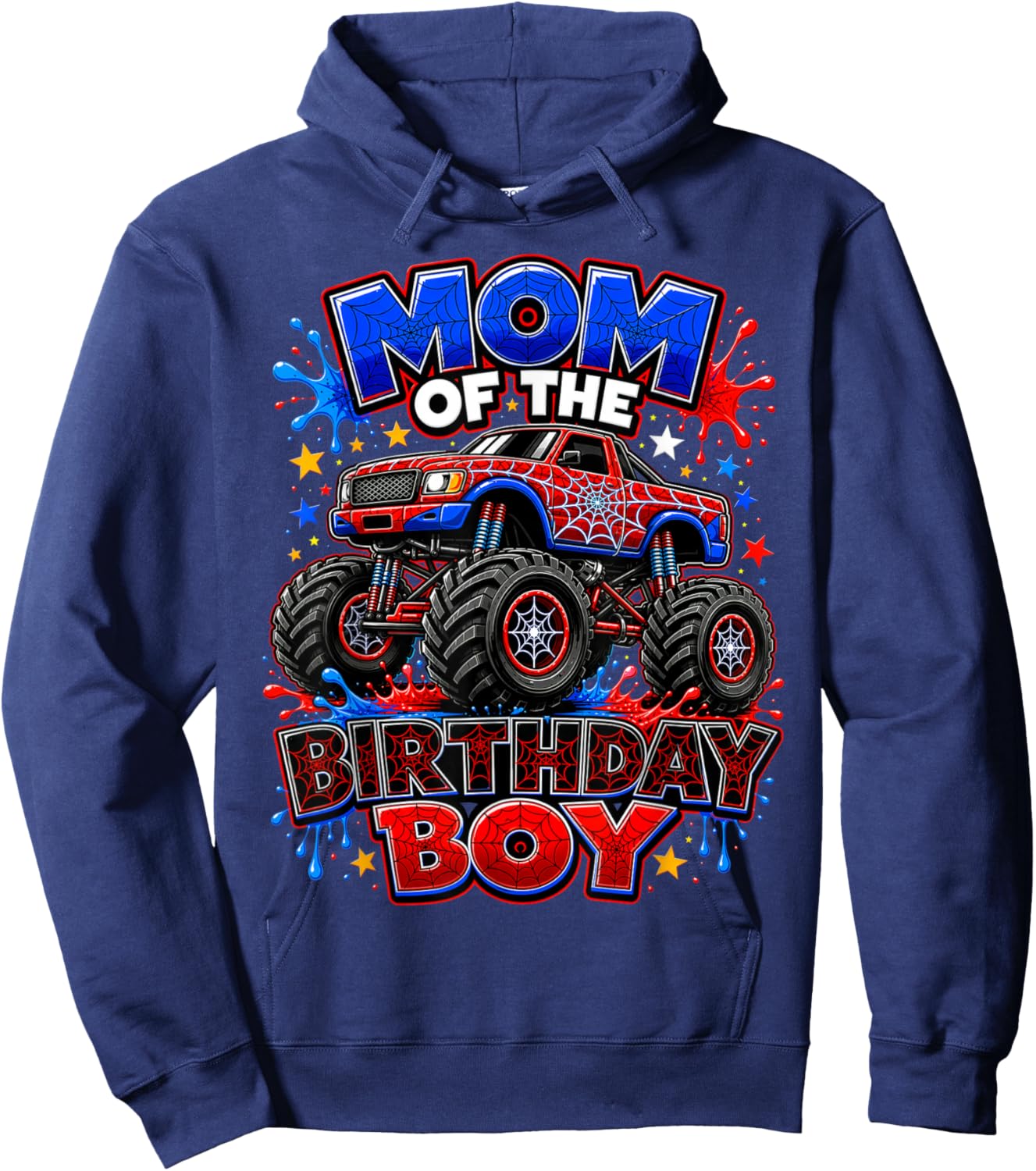 Mom of The Birthday Boy Monster Truck Spider Web Hoodie - Hoodie | Navy