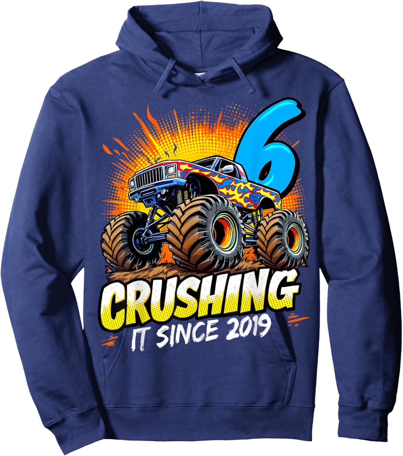 Birthday Monster Truck 6 year Old Boys 6th Party Born 2019 Hoodie - Hoodie | Navy
