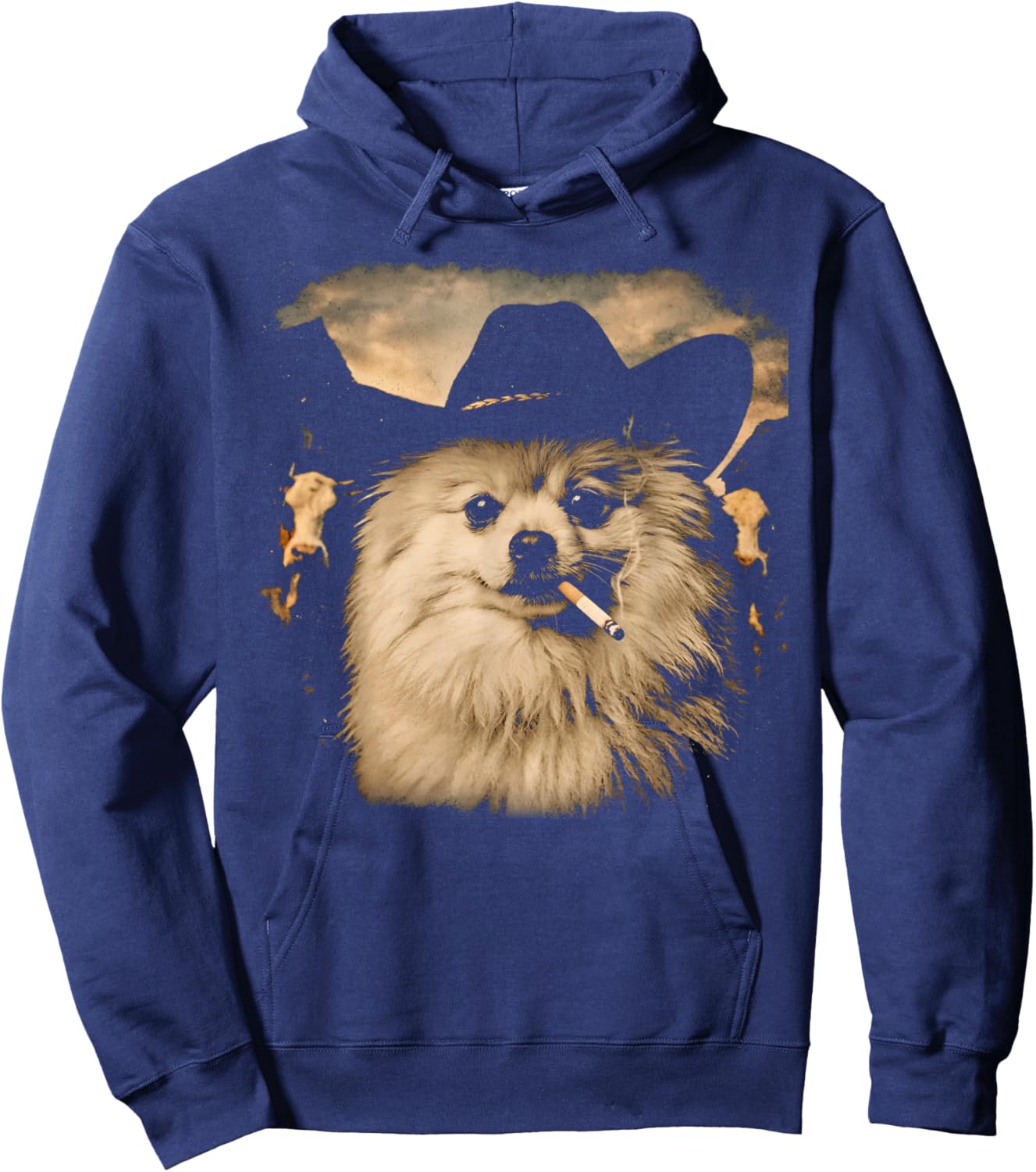 Pomeranian Western Graphic Vintage Cowboy Dog Smoking Meme Hoodie - Hoodie | Navy