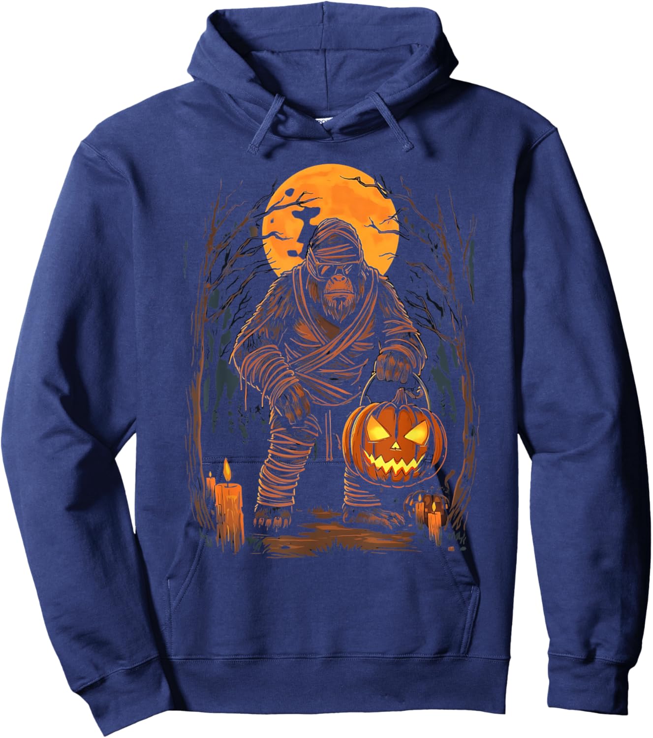 Mummy Bigfoot Holding Pumpkin Halloween Costume Fun Hoodie - Hoodie | Navy