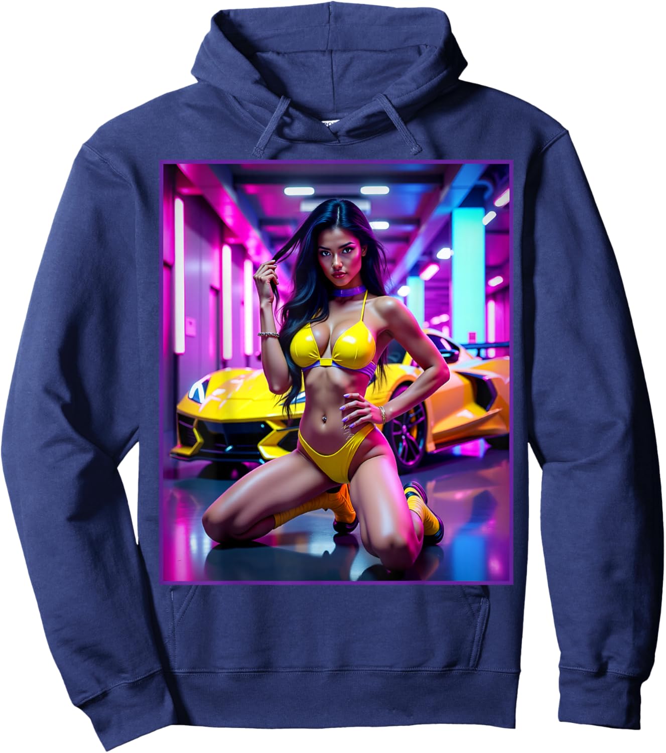 Latina T Shirt - Sexy Girl with Yellow Muscle Car Hoodie - Hoodie | Navy