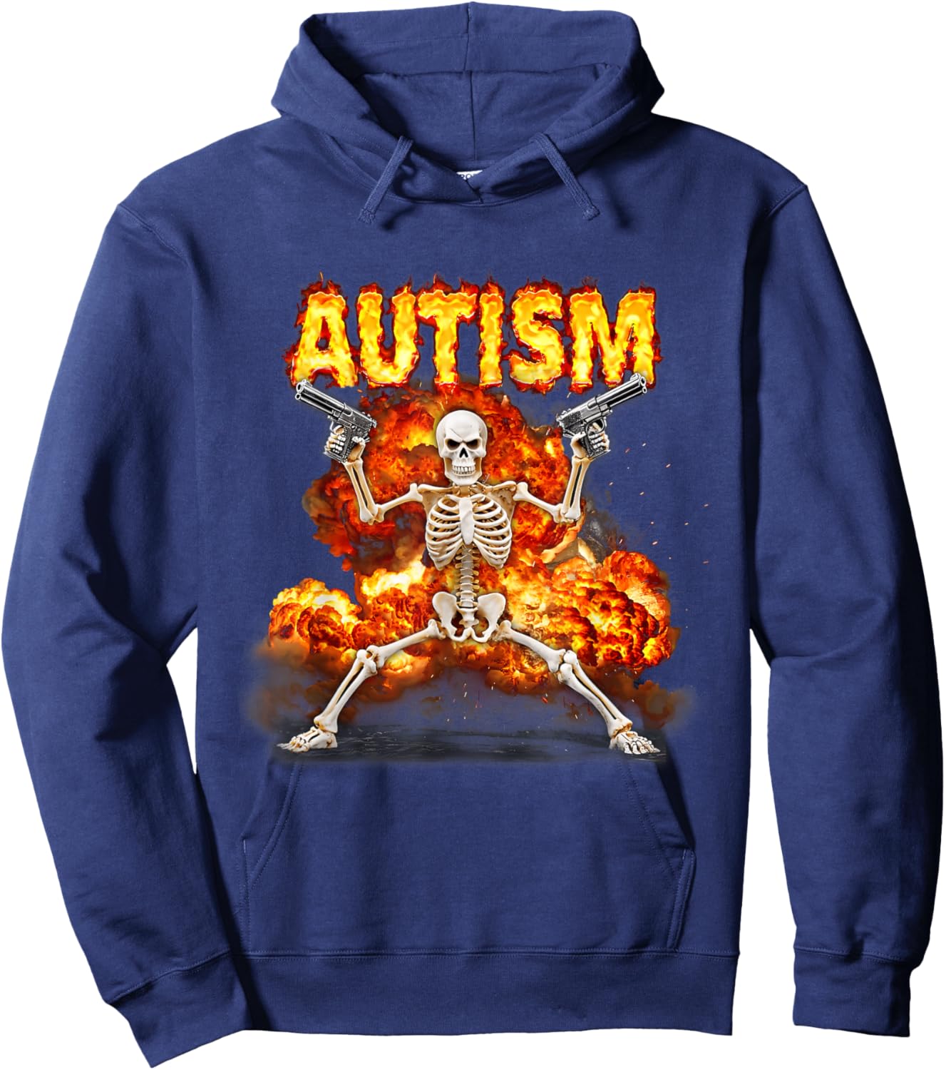Fire Autism Skeleton With Guns Meme Autistic Virgin Hoodie - Hoodie | Navy