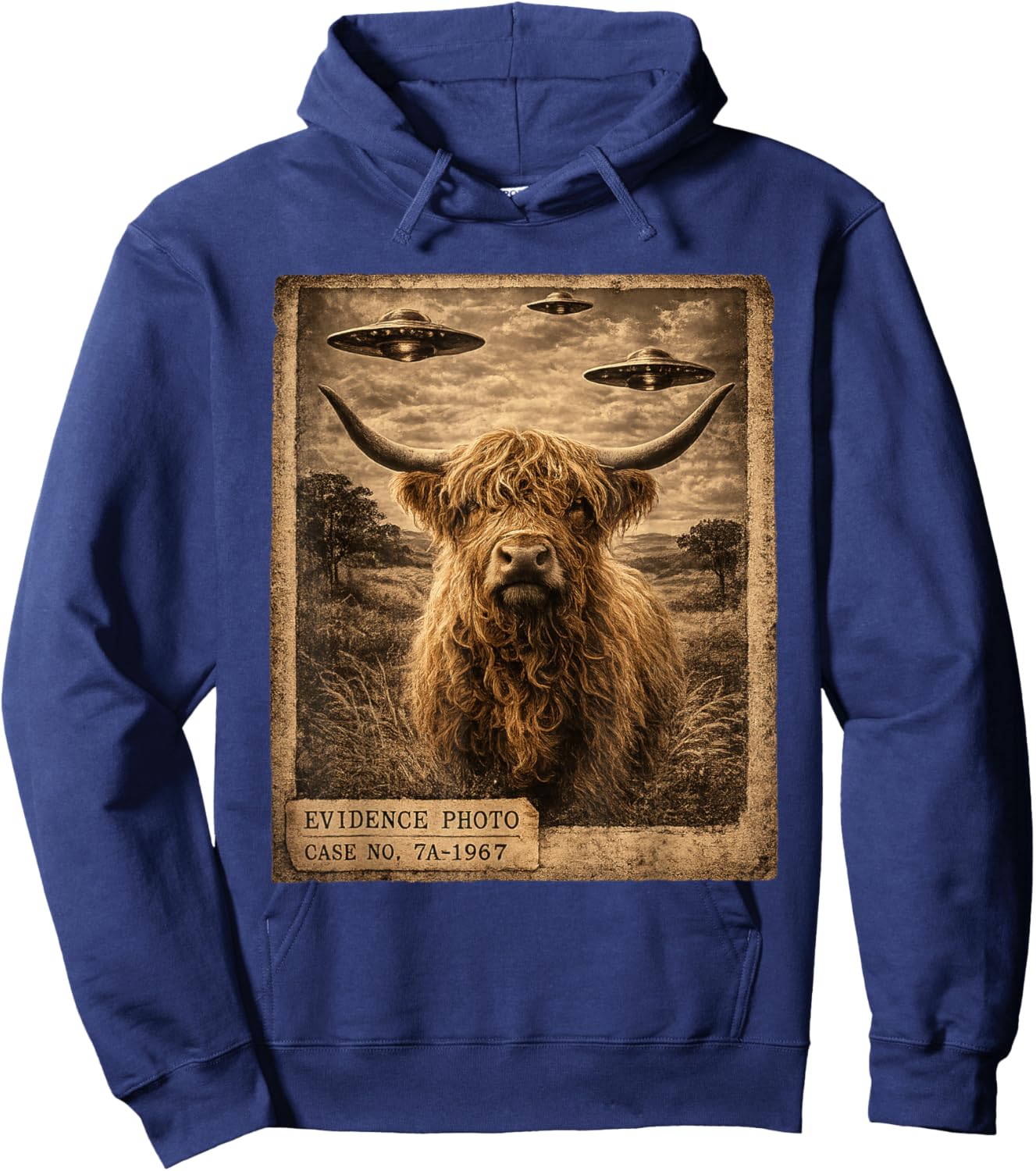 Highland Cow Alien UFO Alien UFO Evidence Photo Vintage Hoodie - Hoodie | Navy