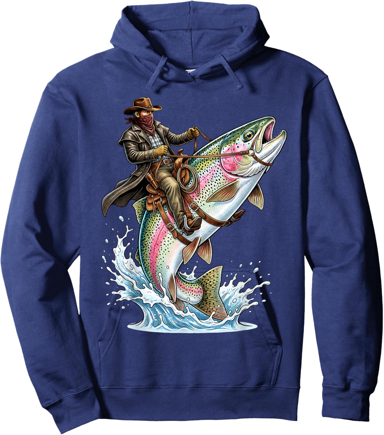Vintage Cowboy Riding Trout Western Fishing Retro Hoodie - Hoodie | Navy