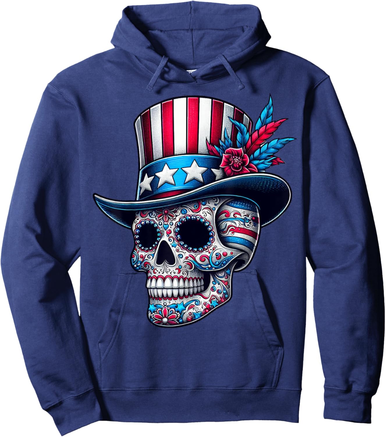Independence Day USA Patriot Skull 4th of July Sugar Skull Hoodie - Hoodie | Navy