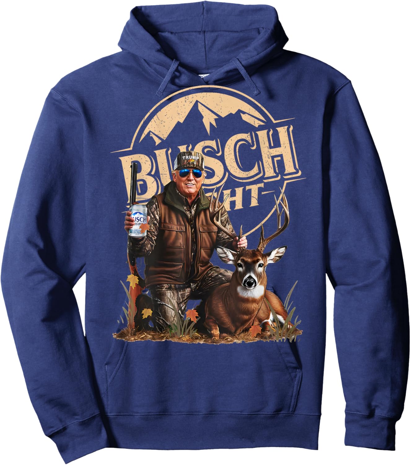 Retro Trump Hunting Deer Funny Beer Drinking Hunting ON Back Hoodie - Hoodie | Navy