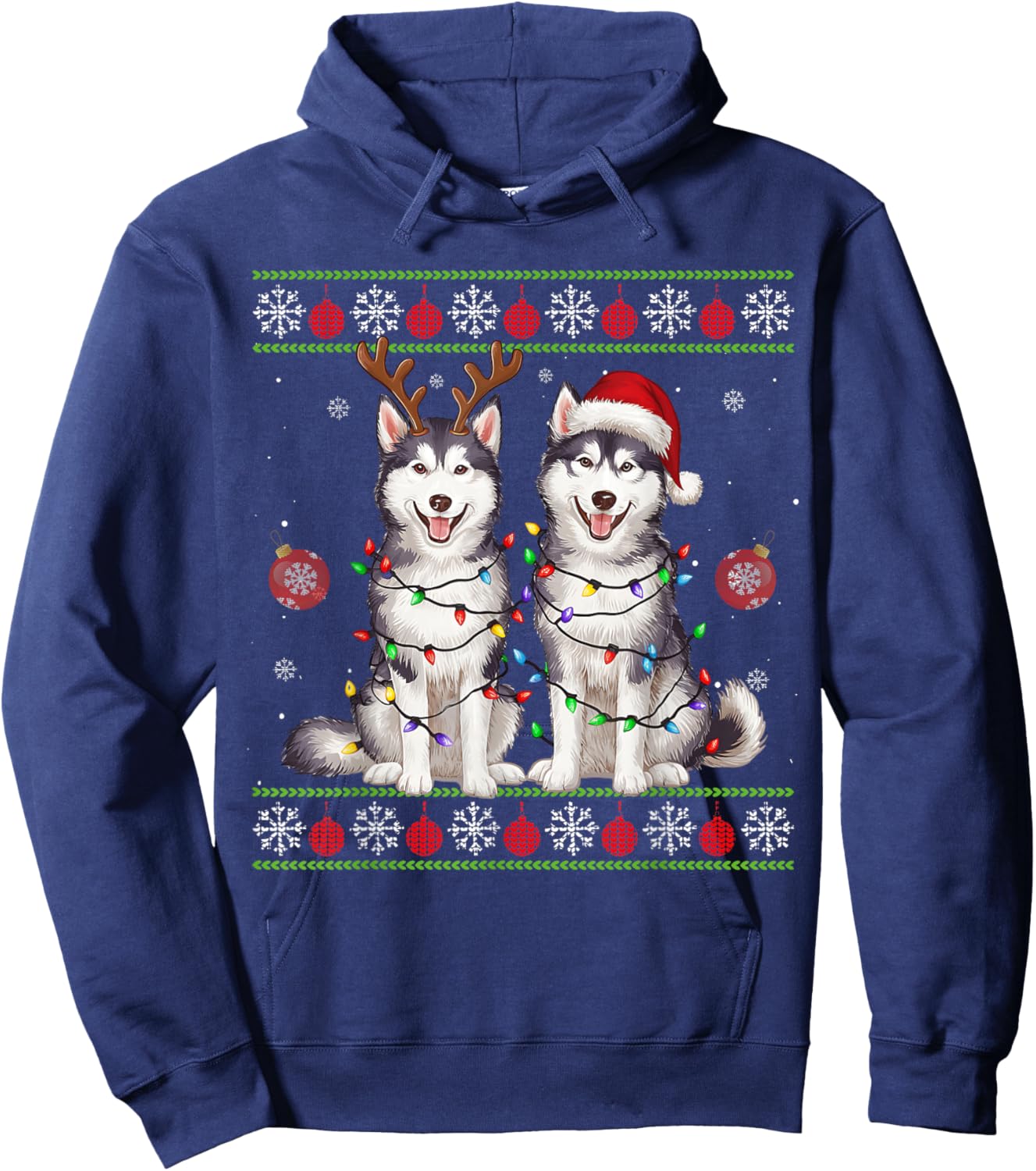 Siberian Husky Christmas Santa Reindeer Christmas Sweater Hoodie - Hoodie | Navy