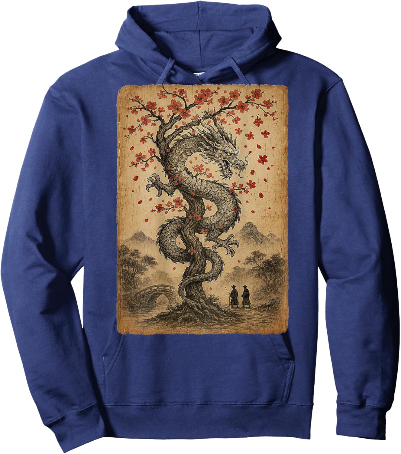 Vintage Japanese Dragon with Cherry Blossom Tree Wooden Hoodie - Hoodie | Navy