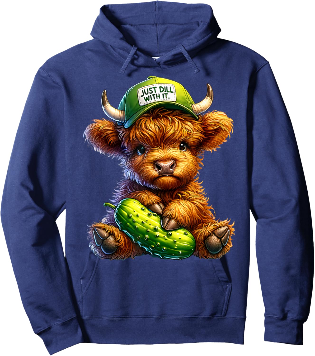 Dill With It Cute Highland Cow Pickle Hat Farm Animal Lover Hoodie - Hoodie | Navy