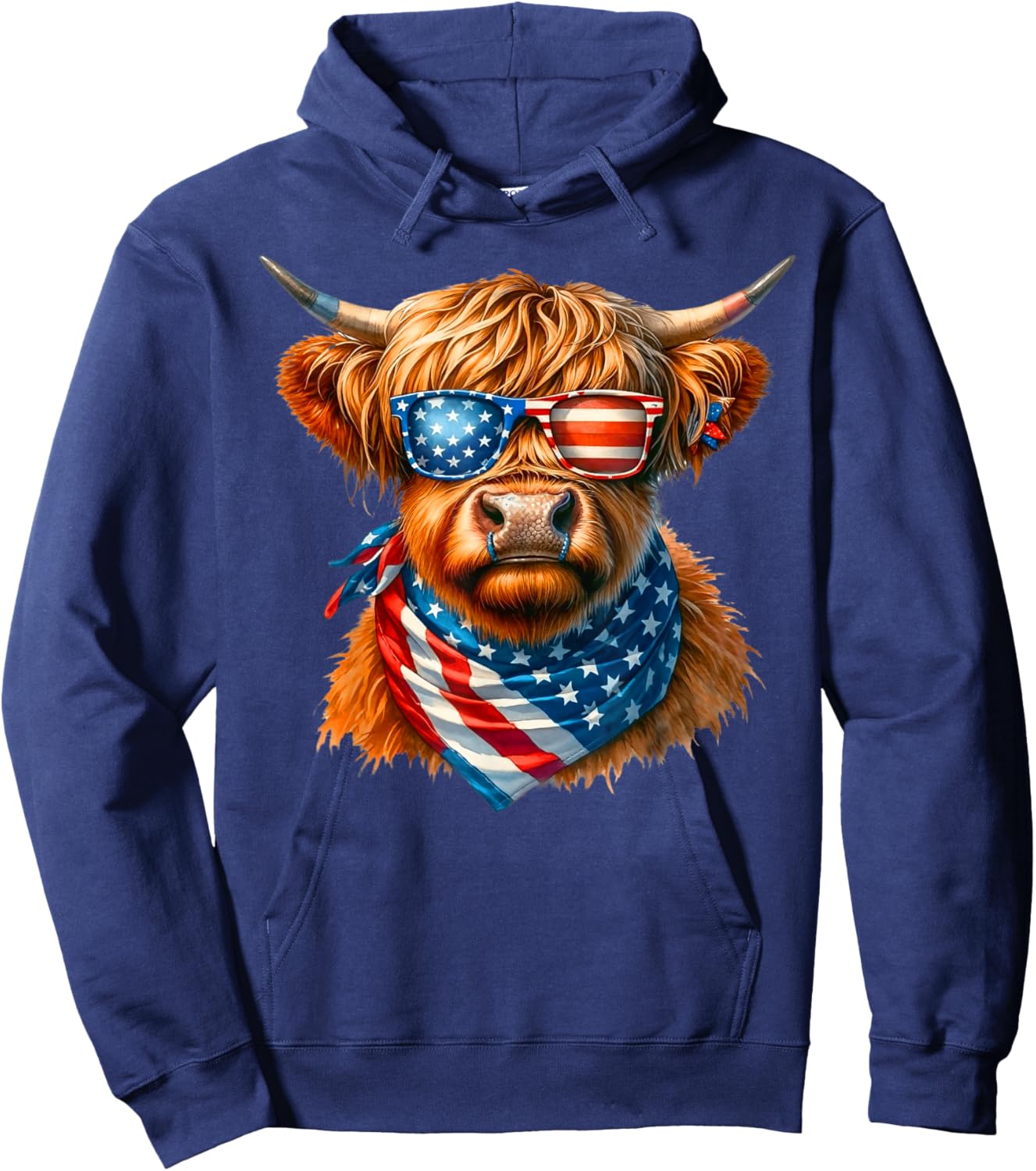 Vintage Patriot Highland Cow 4th Of July American Flag Hoodie - Hoodie | Navy