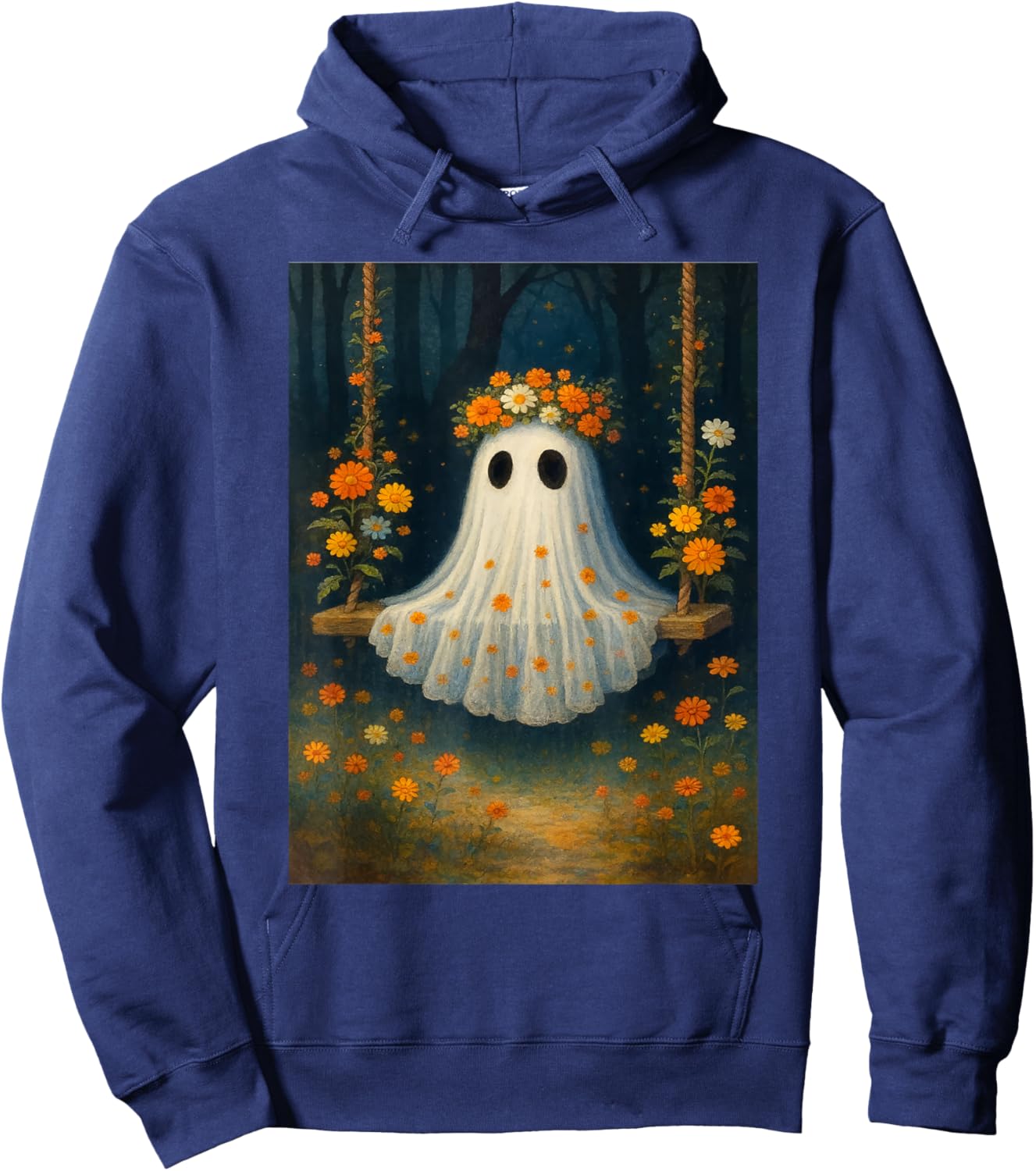 Vintage Floral Ghost Halloween Ghost in The Forest Gothic Hoodie - Hoodie | Navy