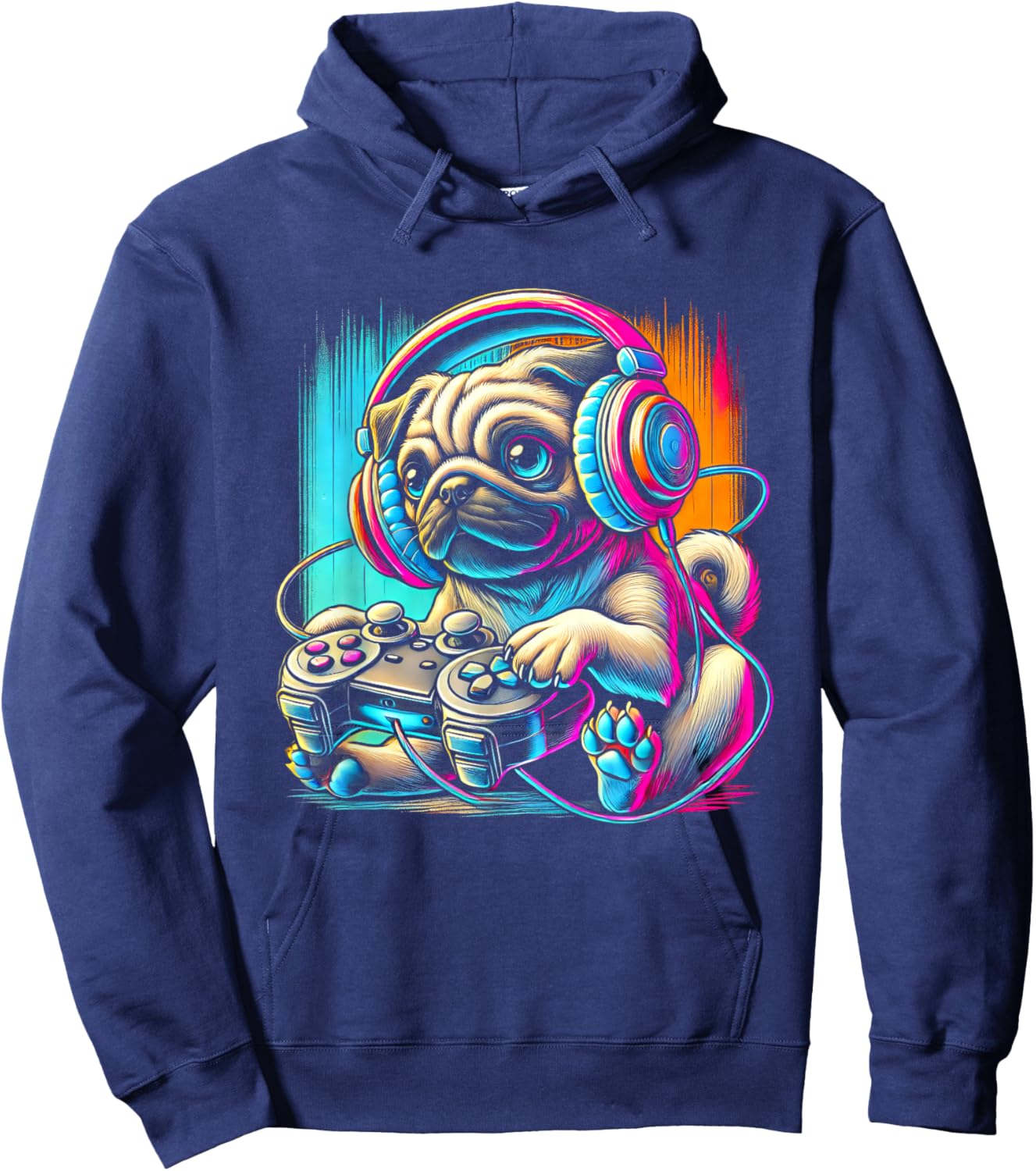 Pug Dog Colorful Video Game Controller Women Kids Hoodie - Hoodie | Navy