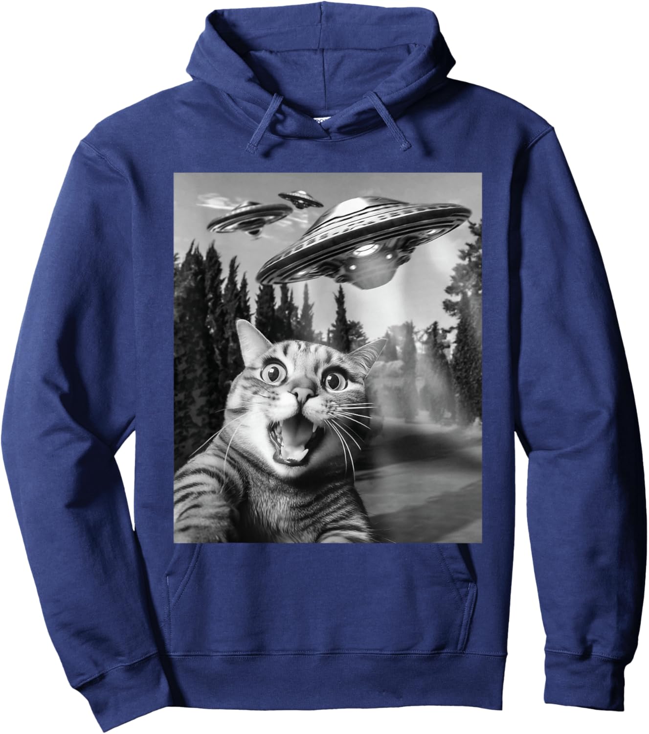 Frightened Cat Selfie With UFOs - Cat Lover Kitten Owner Hoodie - Hoodie | Navy